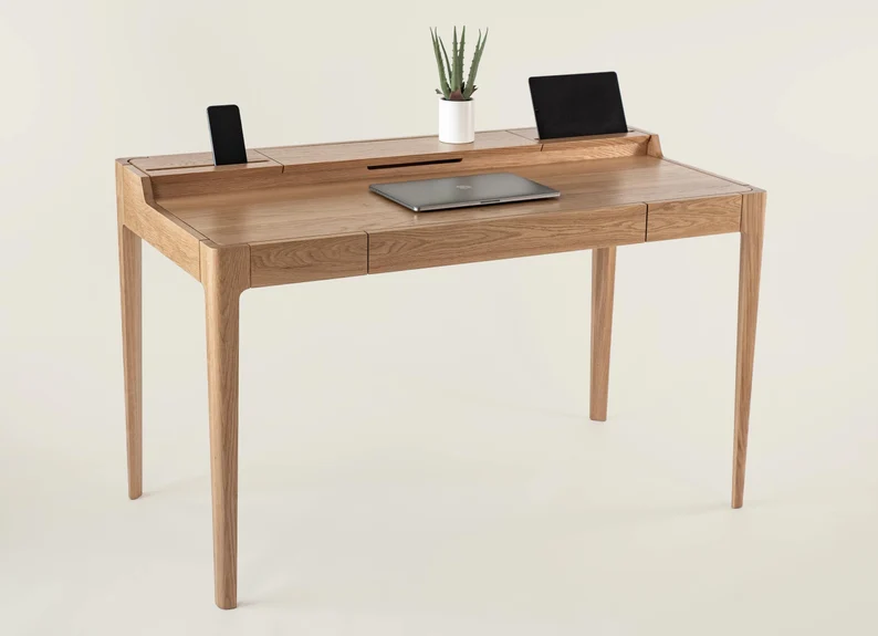 Solid Wood Writing Desk with Drawer and Cable Management | Scandinavian Mid Century Modern Large Desk | Walnut & Oak | NOVA DESK