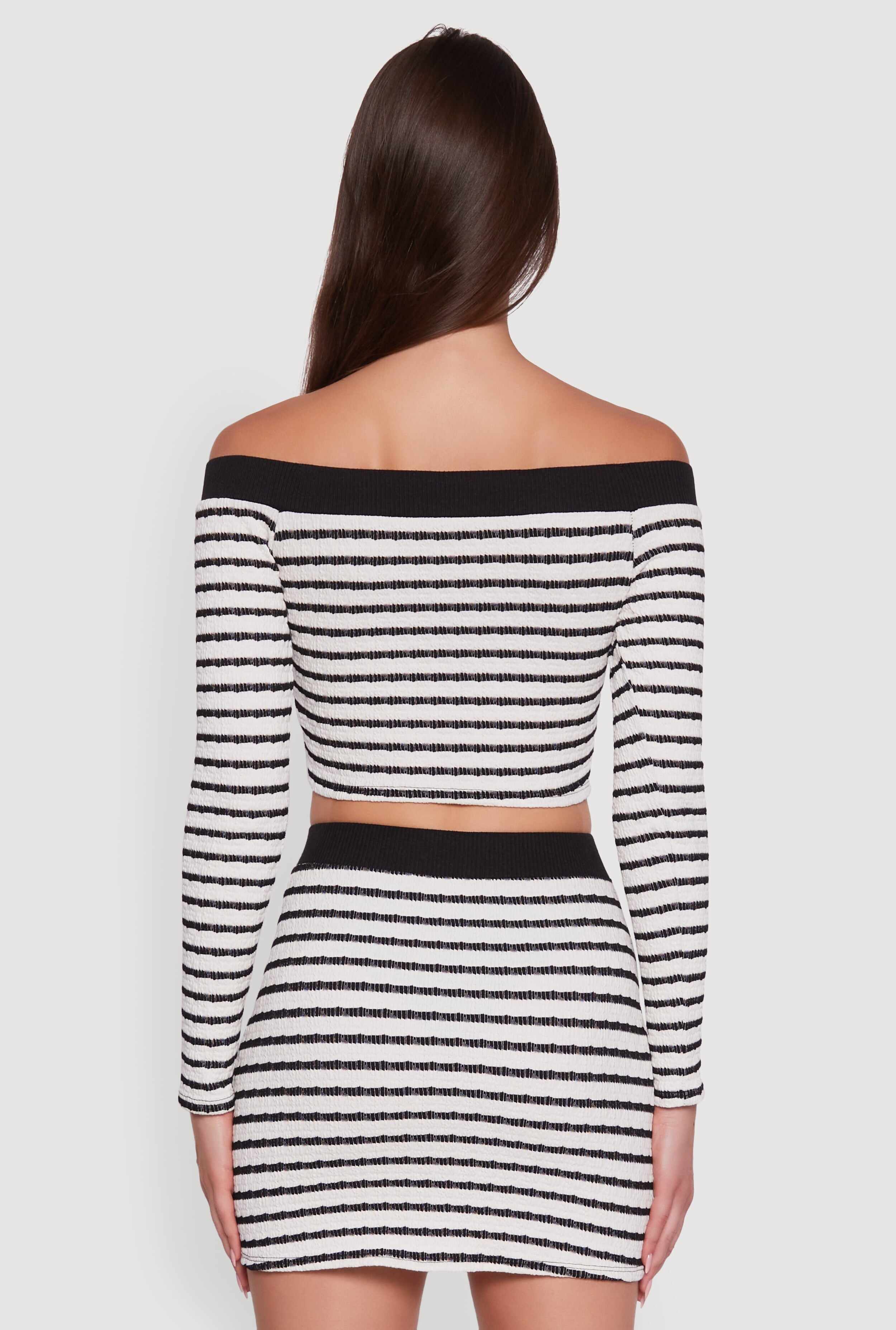 Textured Knit Striped Off Shoulder Crop Top
