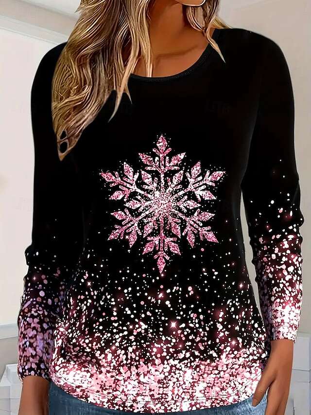Women's Long Sleeve Top Glitter Snowflake Crew Neck Sparkle Gradient Festive Winter Holiday Fashion Black Pink Shimmer Casual Comfort Stretch Fit Clothing Apparel