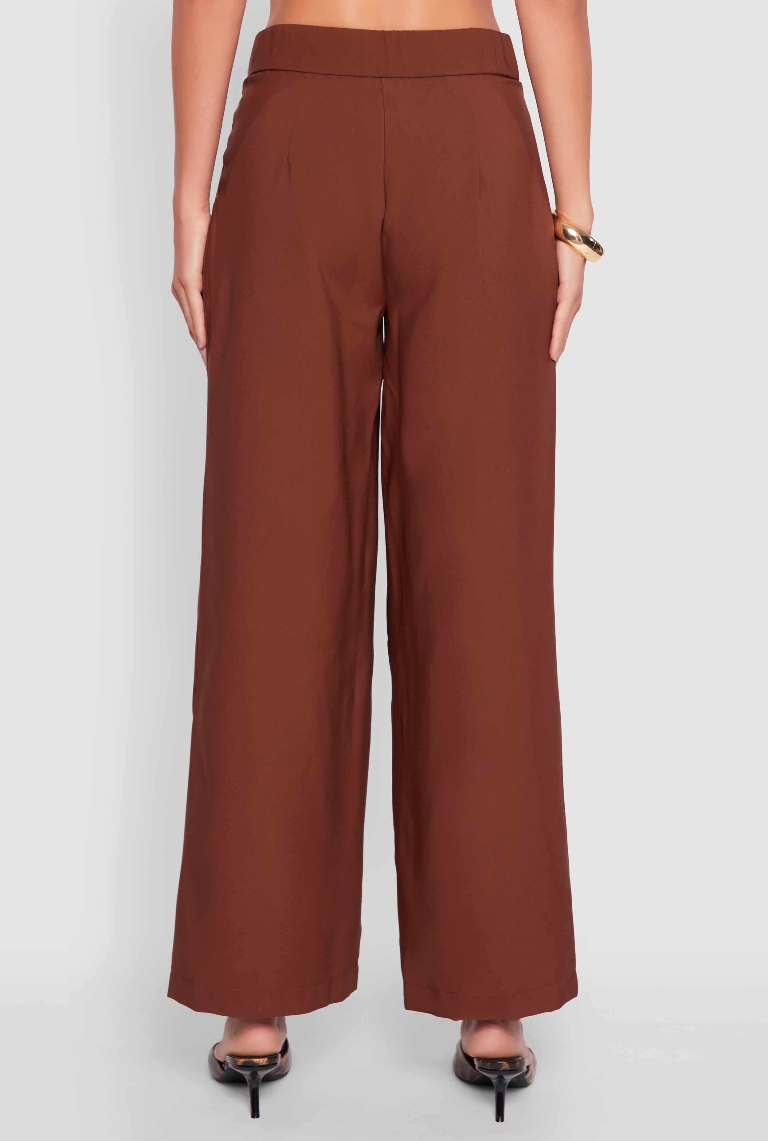 Solid Crepe Knit Pleated Detail Wide Leg Trousers