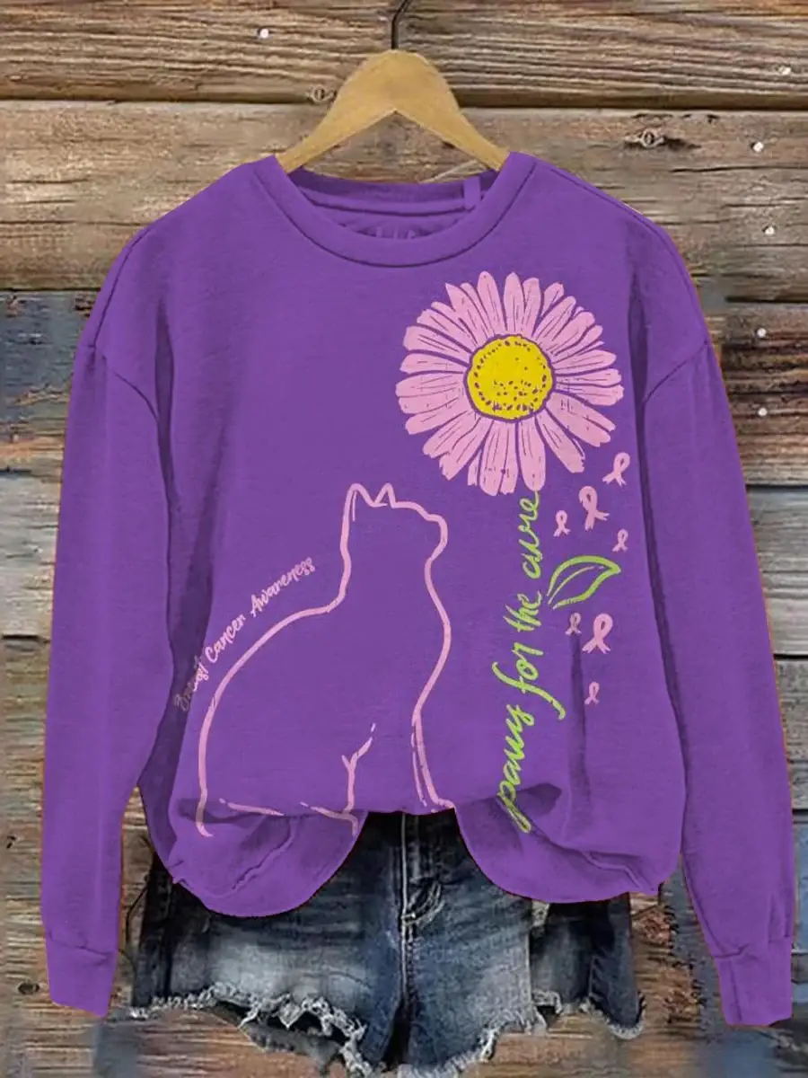 Women's Cat Sunflower Paws For The Cure Breast Cancer Awareness Print Pattern Casual Sweatshirt