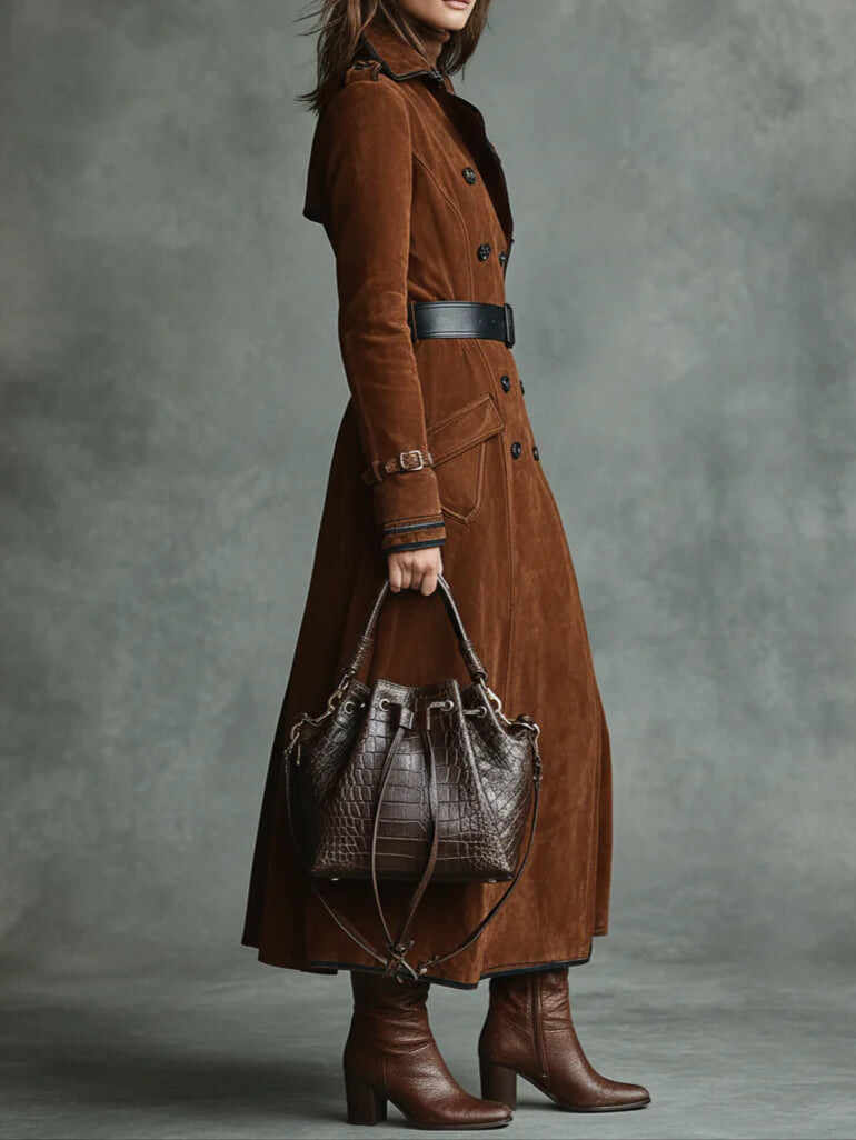 Double-breasted lapel long coat with suede and black trim