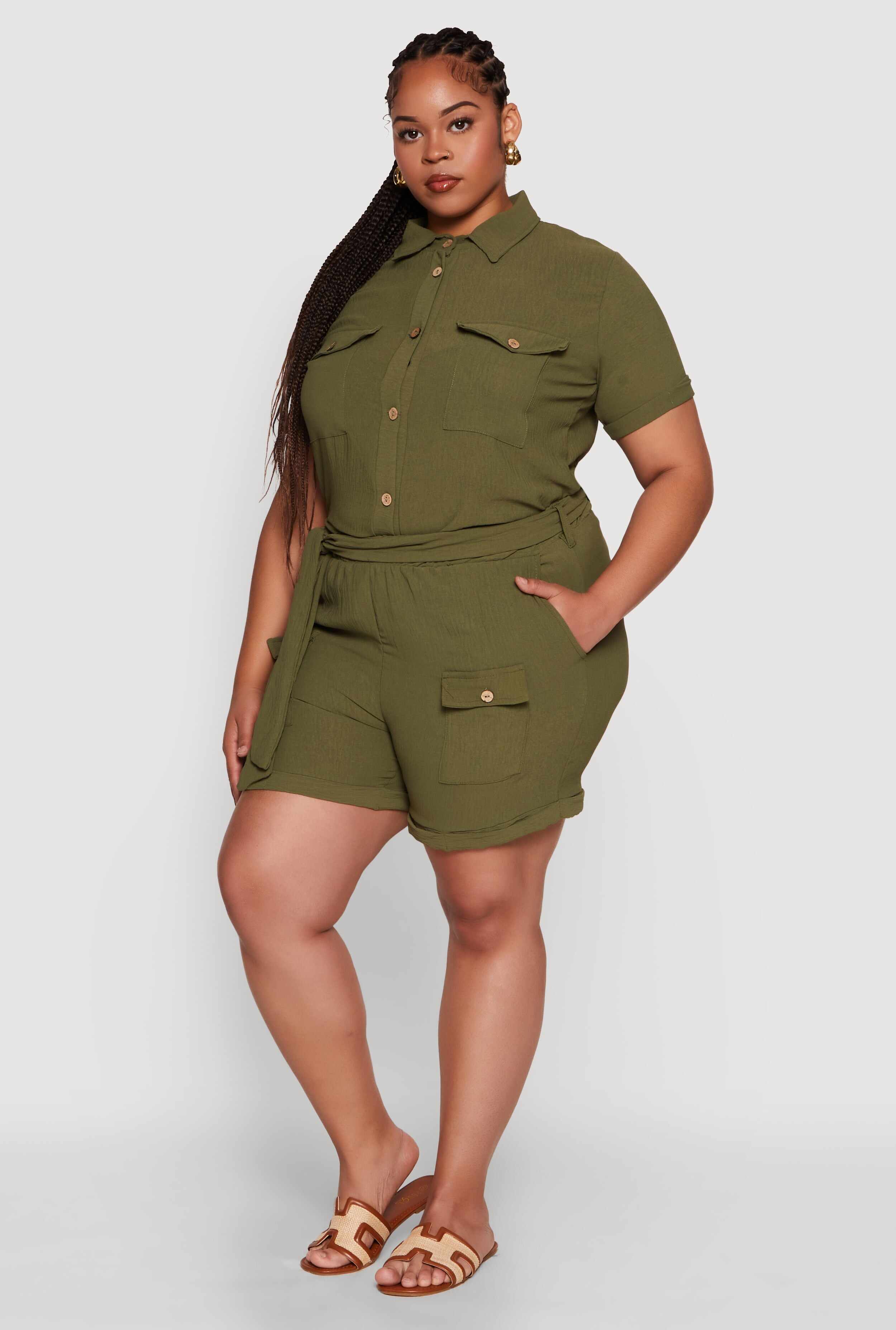 Plus Size Crepe Knit Cargo Pocket Button Front Shirt