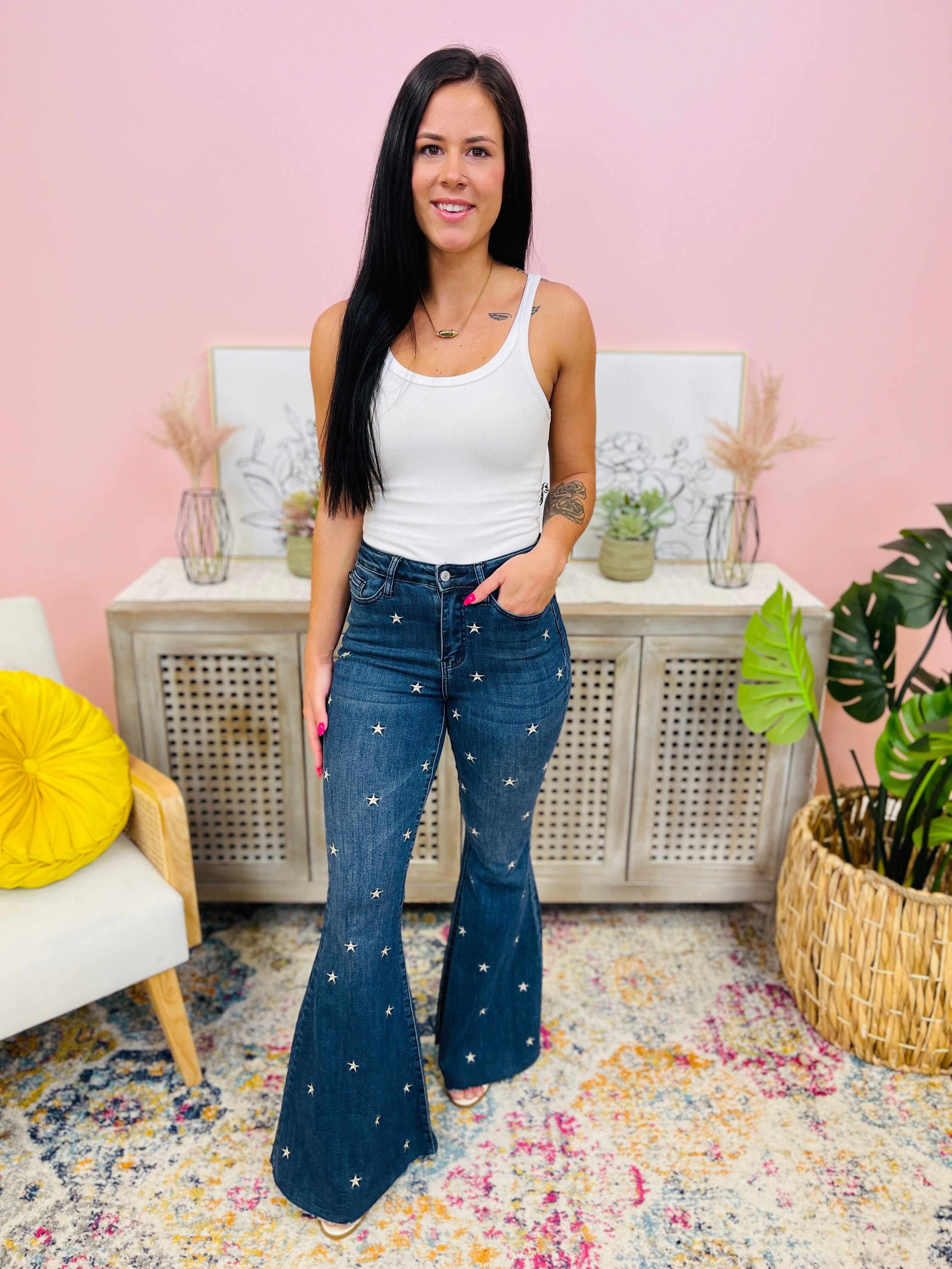 PLUS/REG Wishing On A Star Embroidered Flared Jeans