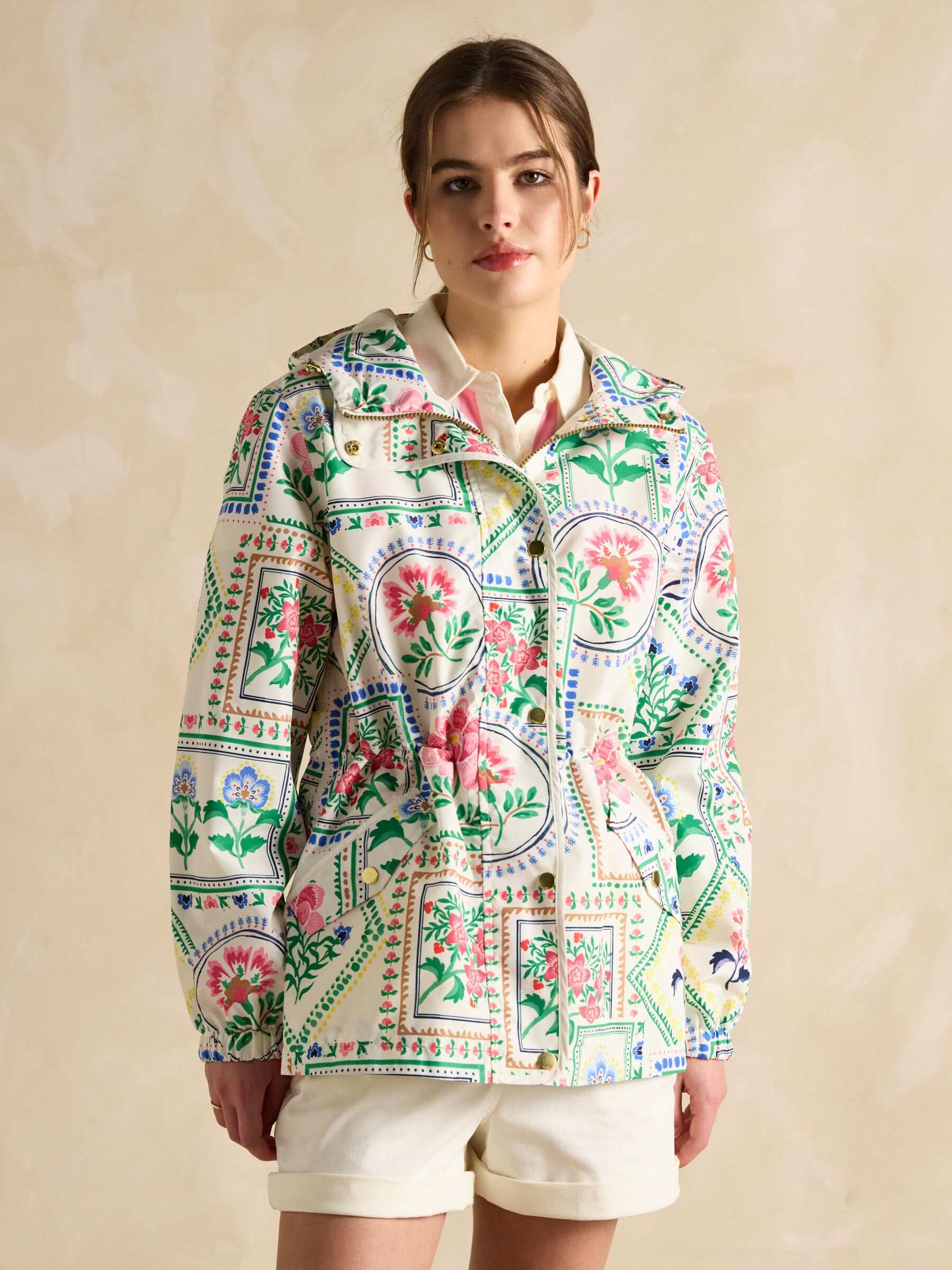 Holt Cream Tile Print Waterproof Packable Raincoat with Hood