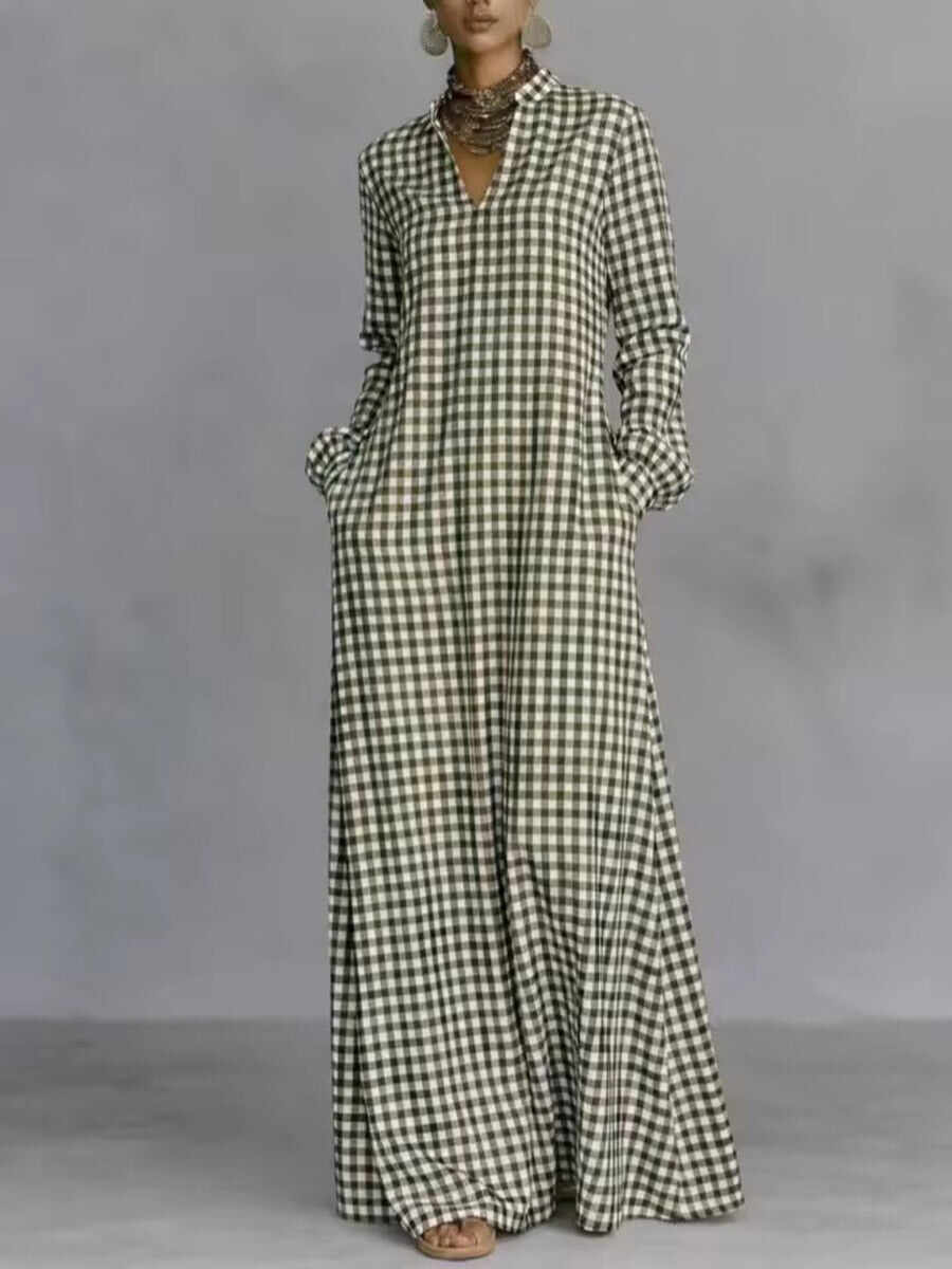 🔥Summer Arrivals🌟Women's Plaid Print V-neck Long-sleeved Casual Loose Cotton And Linen Dress