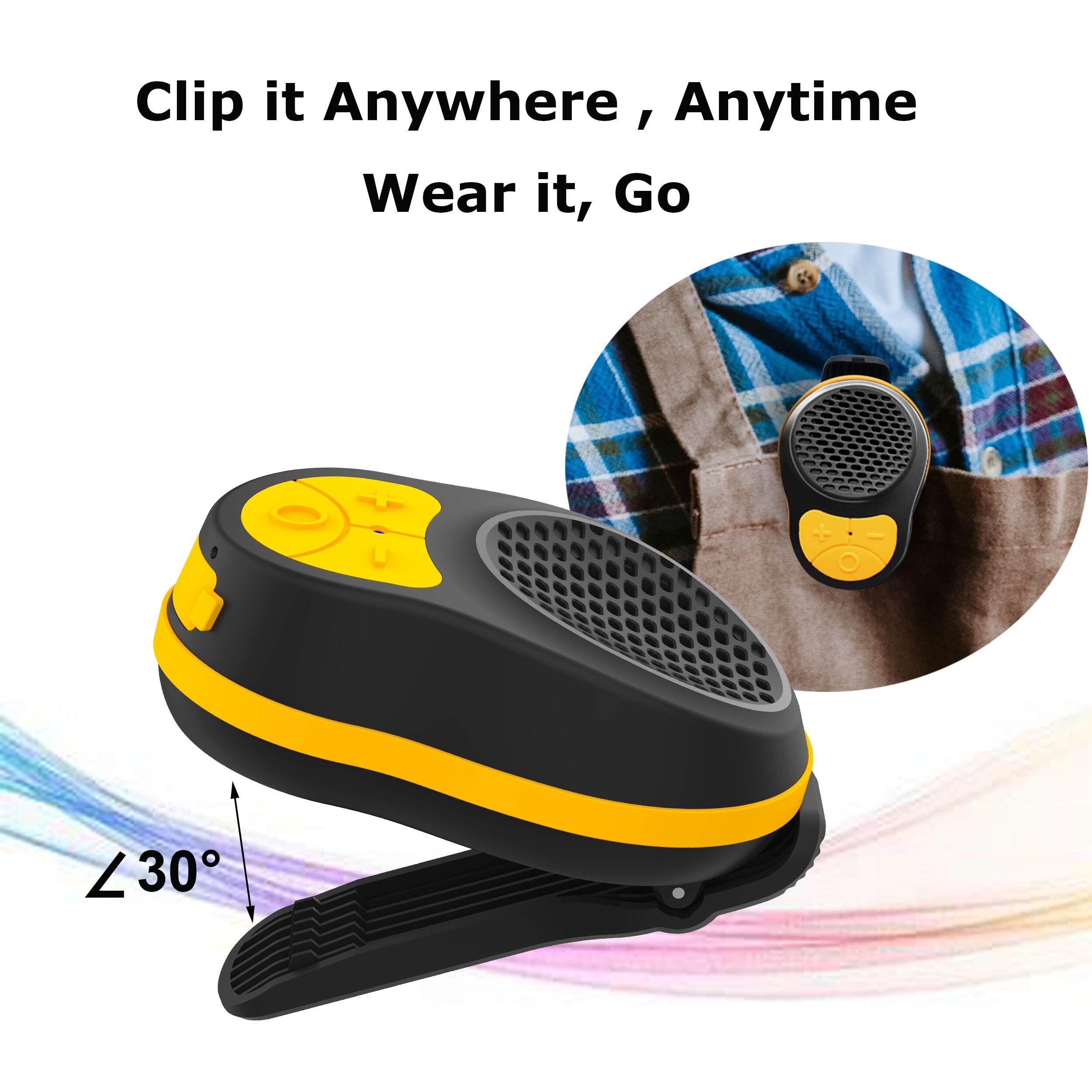 Wireless Portable Clip-On Speaker with Built-in Mic, 15 Hours Battery, IPX-5 Water-Resistant, USB Type-C Charging, 1-3W Output, Button Control, for Music & Calls, Ideal for Jobsite, Running, Biking, Hiking - No Charger Included