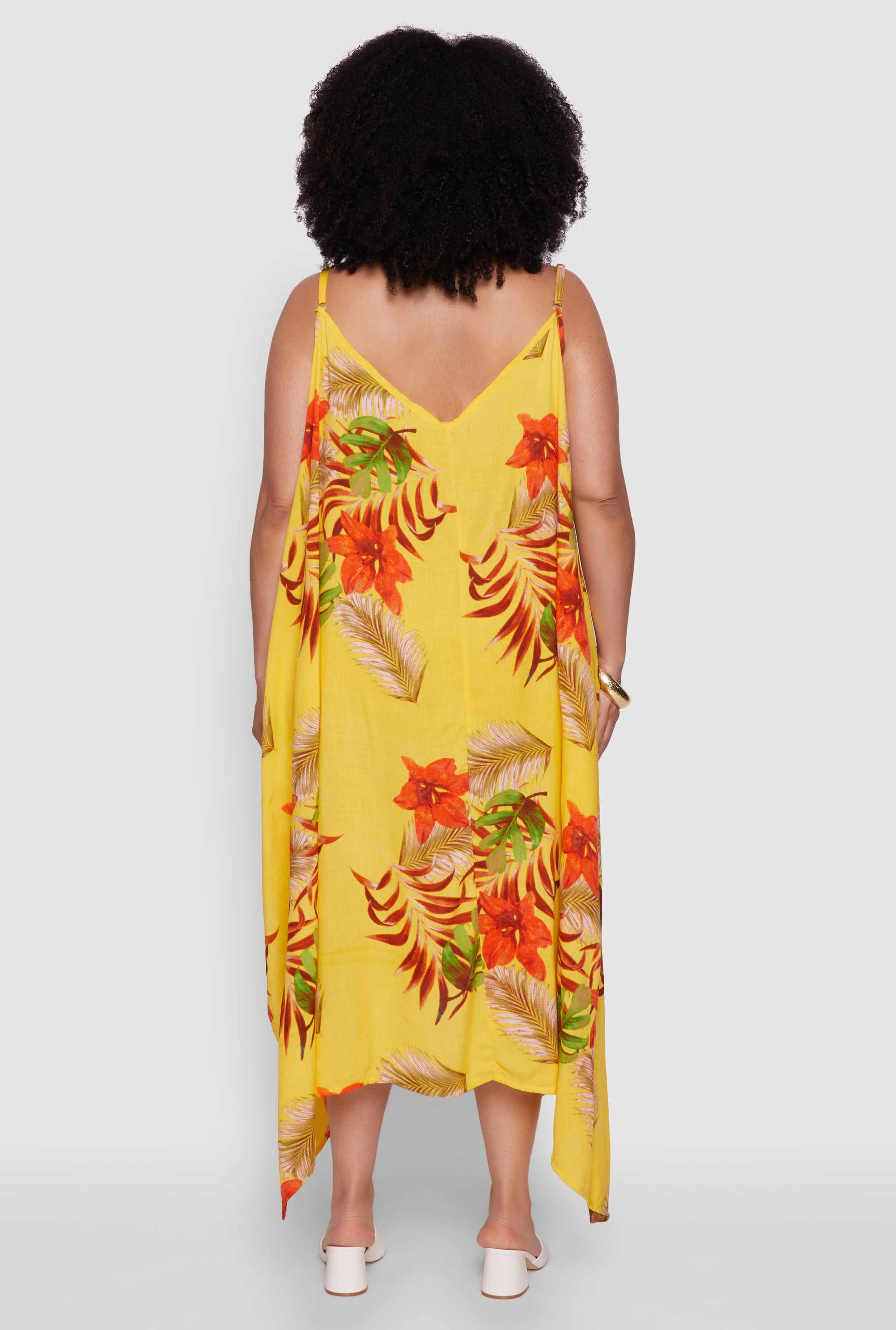 Plus Size Tropical Floral Sleeveless Sundress with Sharkbite Hem
