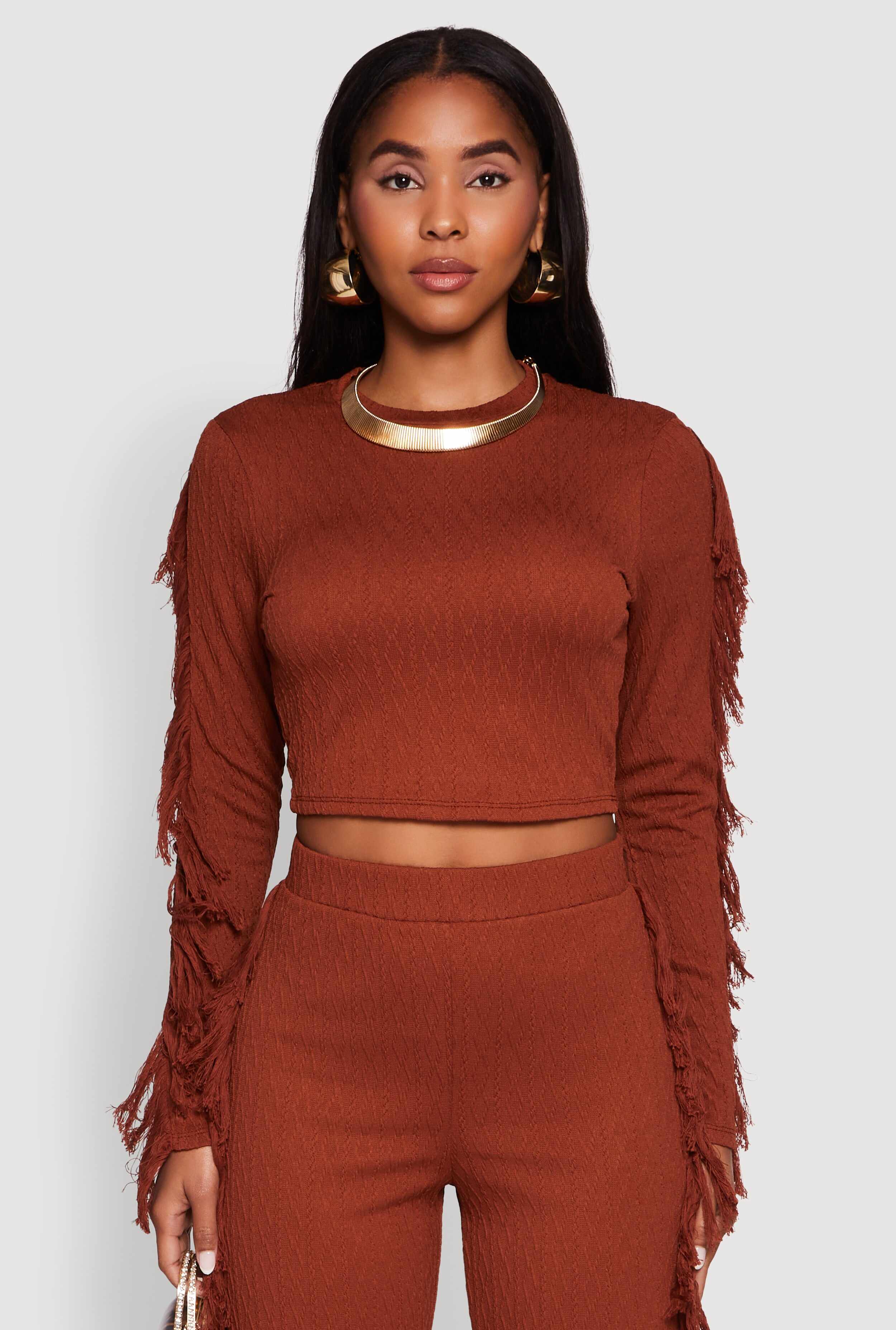 Textured Knit Long Sleeve Fringe Crop Top