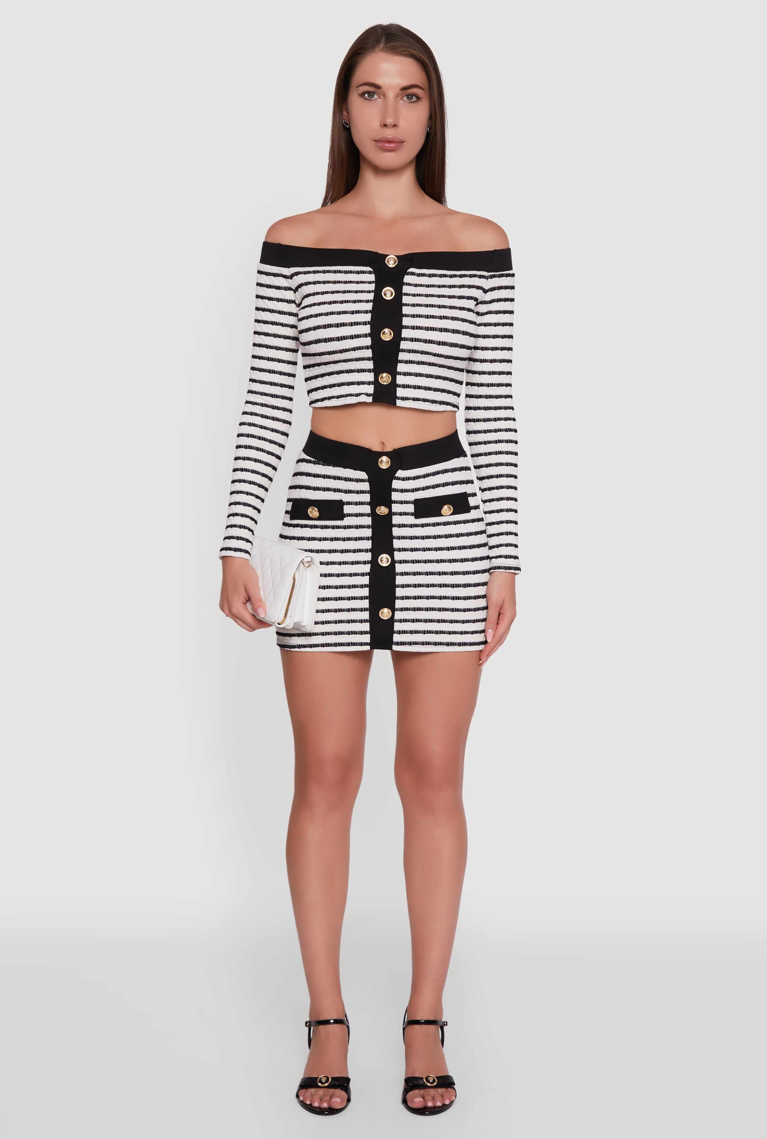 Textured Knit Striped Off Shoulder Crop Top