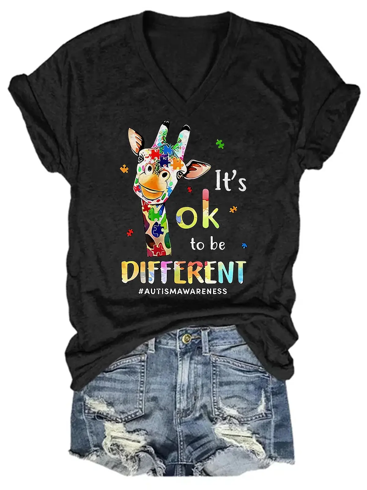 Retro Autism Awareness Giraffe It's Ok To Be Different Casual Print T-shirt