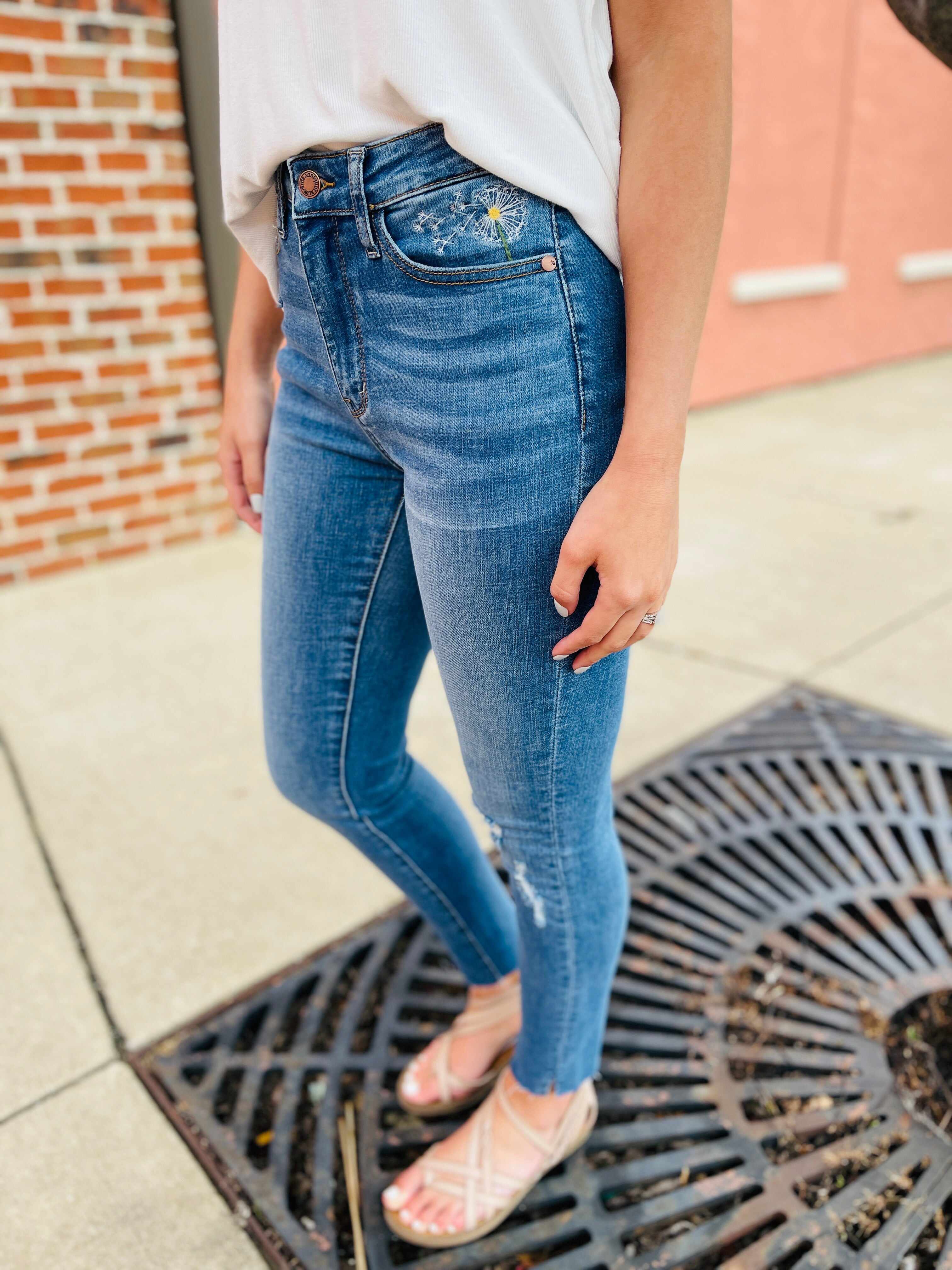 PLUS/REG Dancing In The Wind Dandelion Embroidered Skinny Jeans