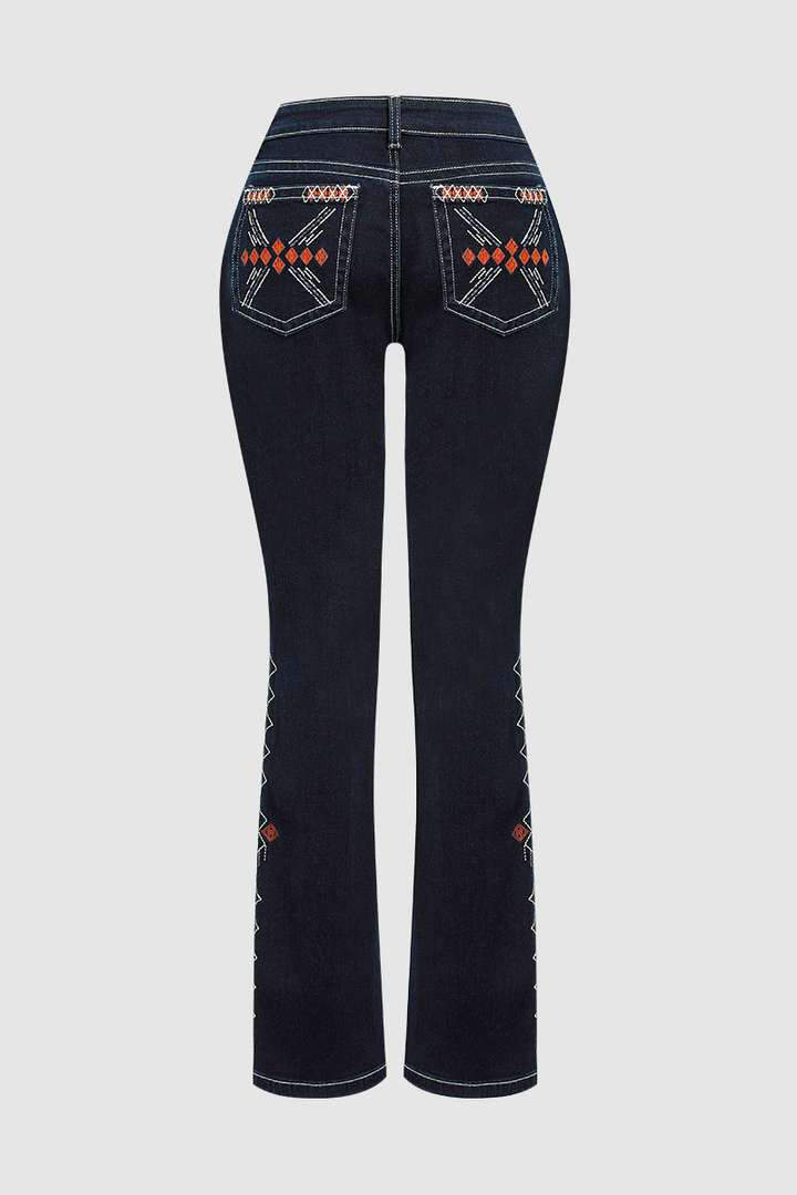 Wash Geo Embroidery Rhinestone Decor Mid Rise Bootcut Jeans Without Belt