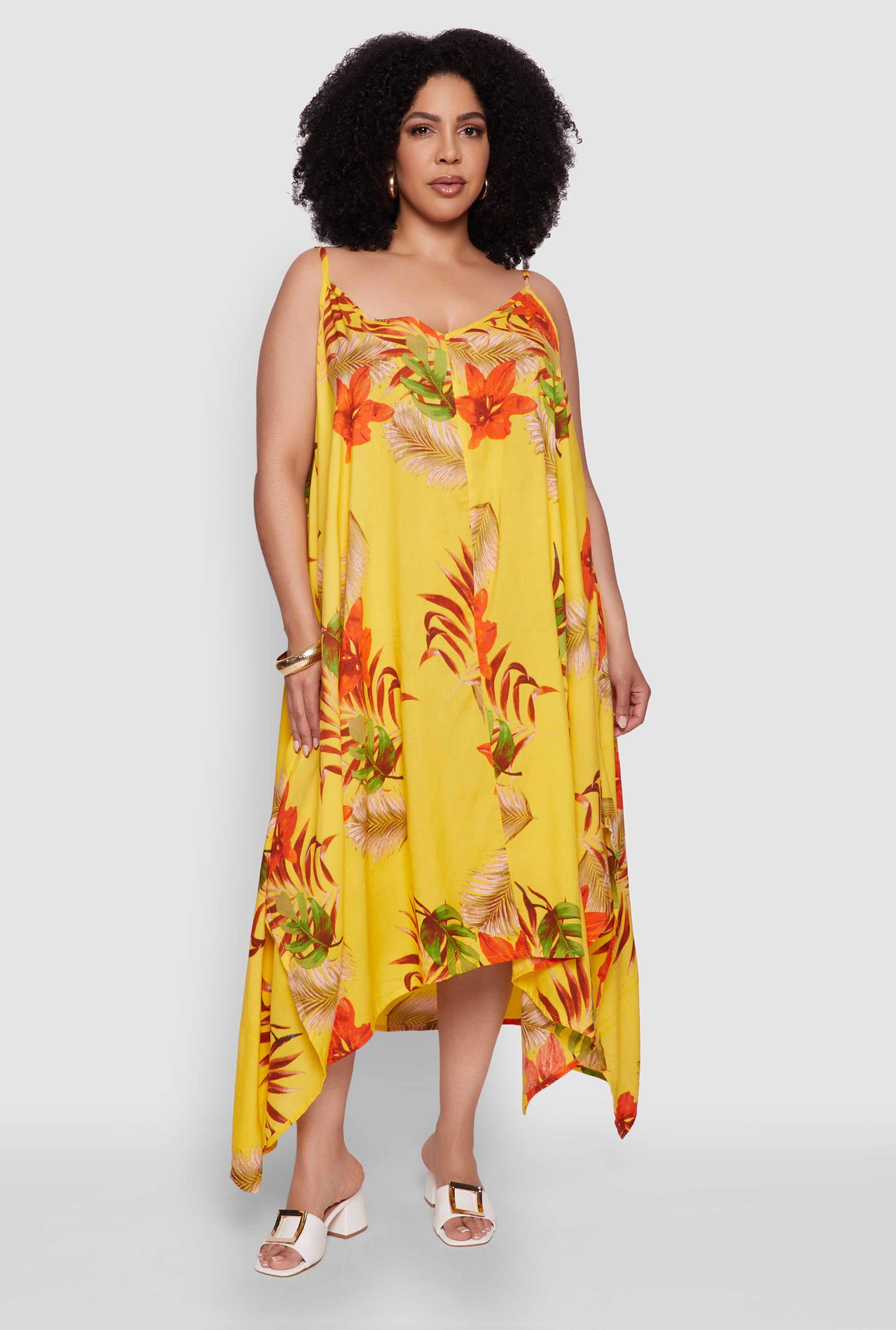Plus Size Tropical Floral Sleeveless Sundress with Sharkbite Hem