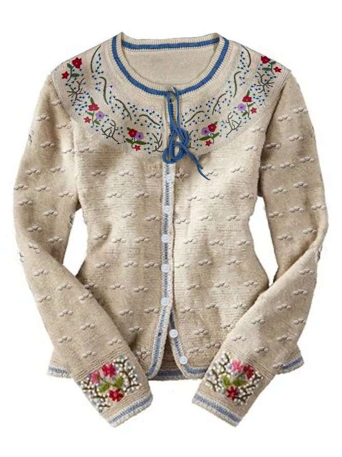 Jacket Bohemian Vintage Embroidery Long Sleeve Cotton-Blend Cardigan Sweater