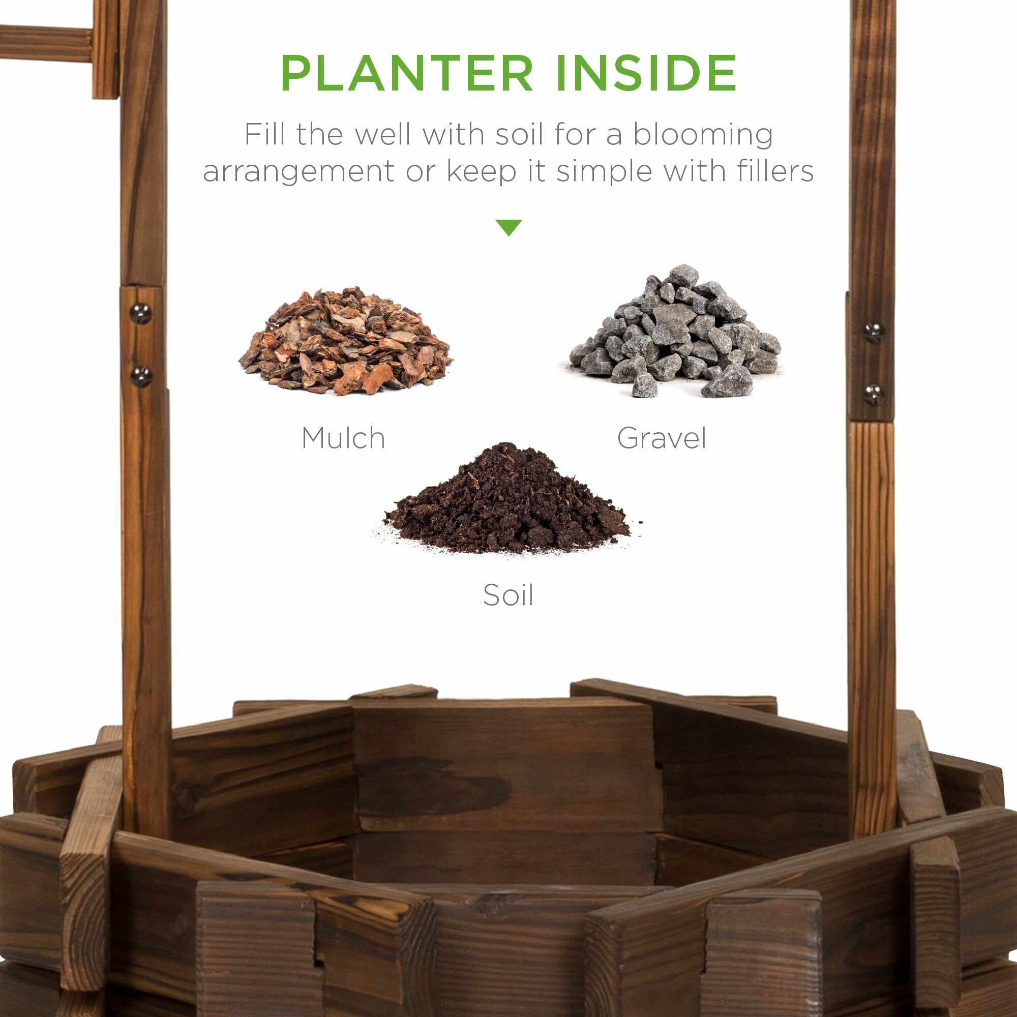 Rustic Wooden Wishing Well Planter Yard Decoration w/ Hanging Bucket