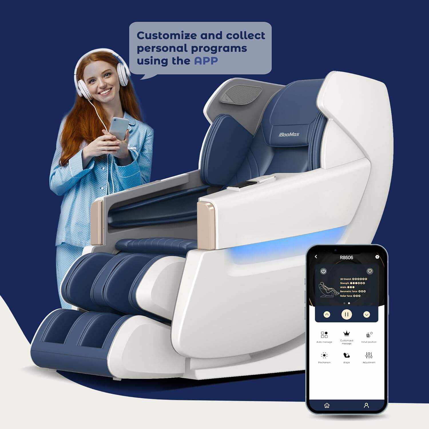iBooMas Zero Gravity Massage Chair,2023 Massage Chair Full Body Ozone with Back and Calf Heating,Auto Leg Extension,APP Control,SL Track,Thai Stretch,Foot Rollers,Airbags,Bluetooth,R8606(Blue)