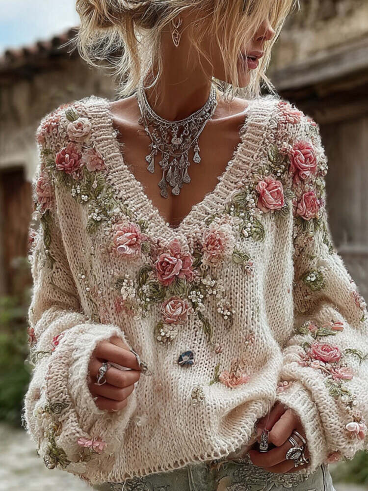Women's Vintage Flowers Embroidery Art V Neck Knit Cozy Sweater