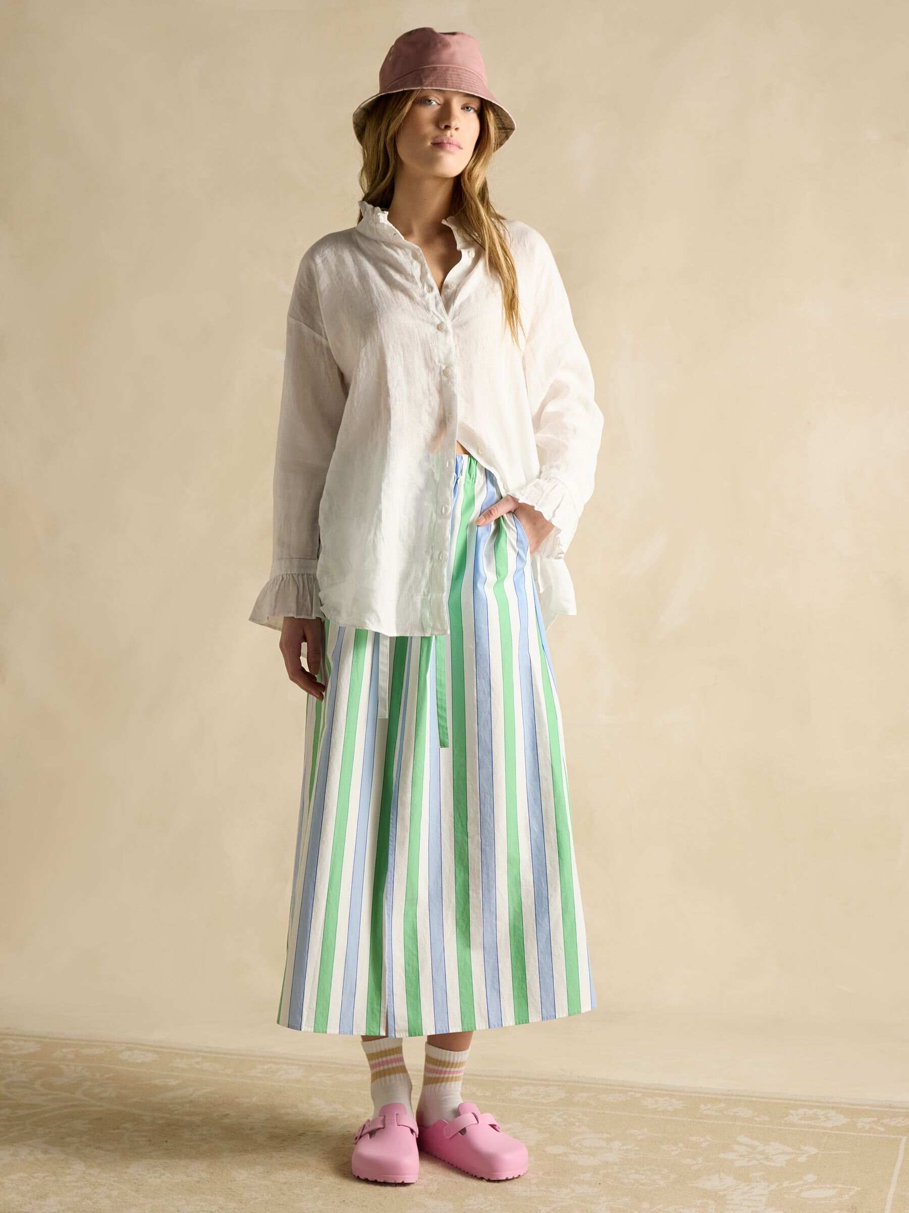 Blue/Green Stripe Cotton Poplin Midi Skirt