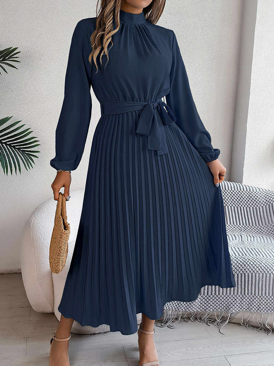 🔥Summer Arrivals🌟Women's Stand-up Collar Long-sleeved Lace Up Pleated Dress