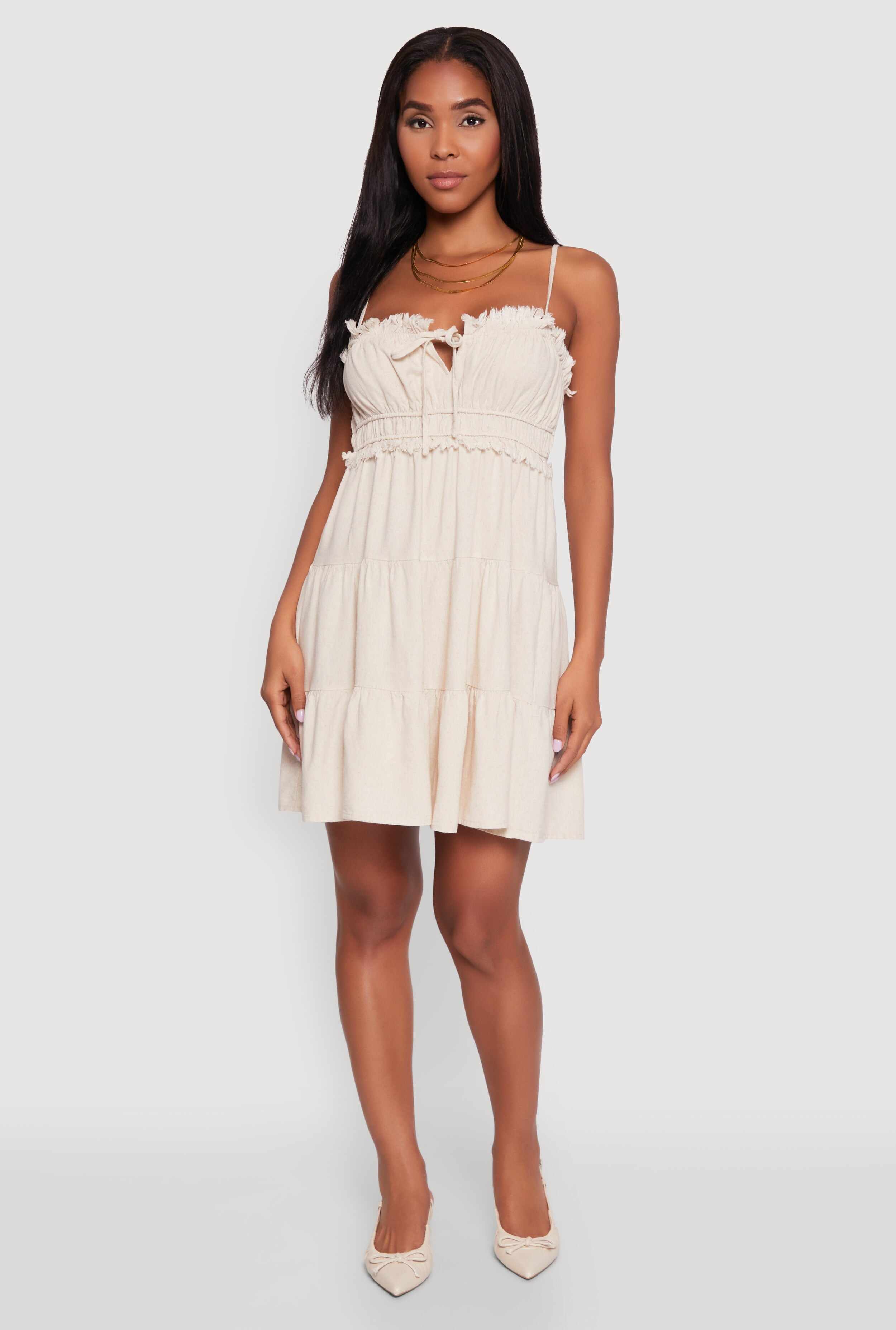 Haute Monde Linen Sleeveless Tiered Dress with Frayed Detail