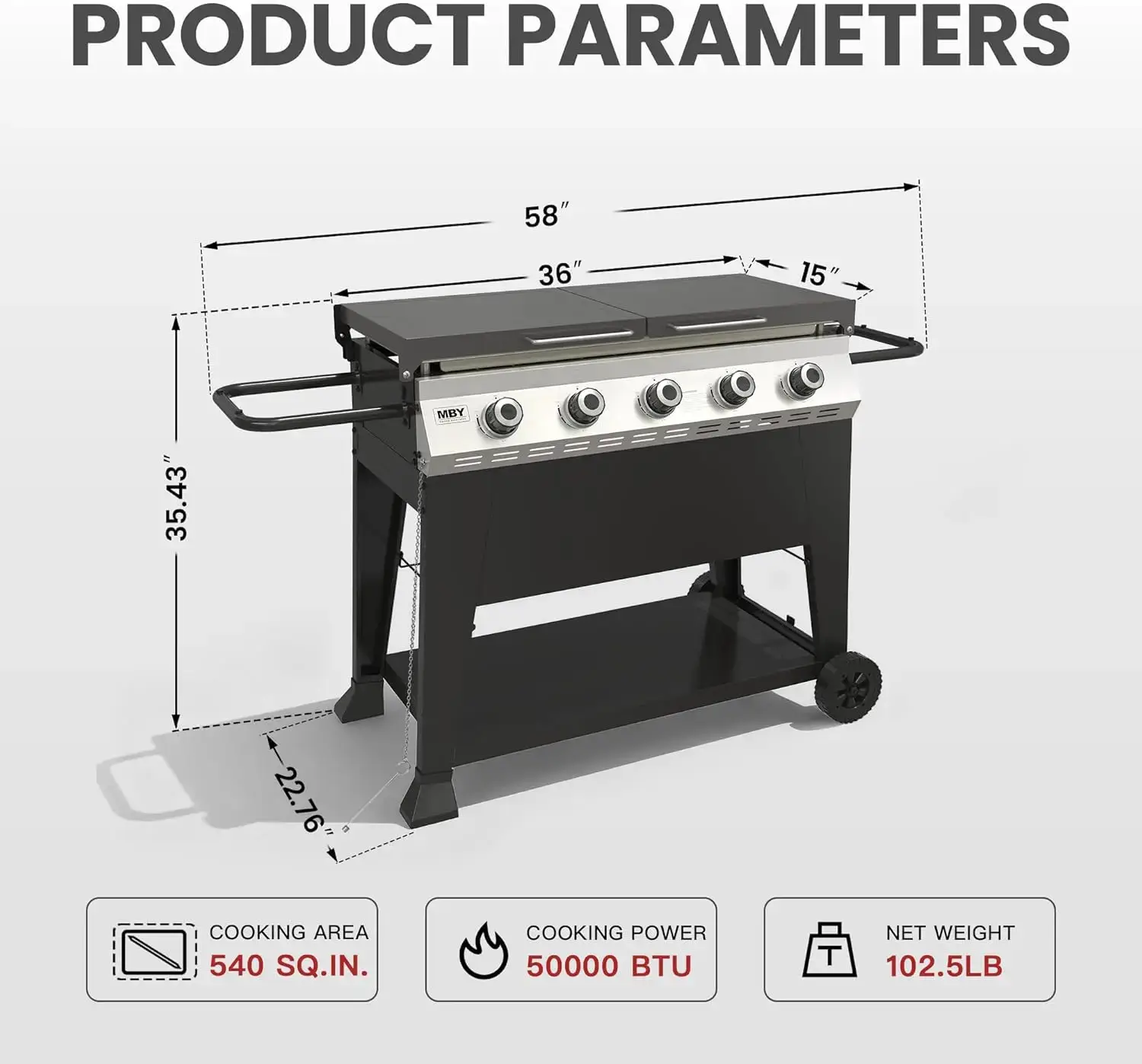 Foldable Outdoor Flat Top Gas Griddle - 50,000 BTU, 540 Sq In Cooking Area, Rolling Wheels, Folding Side Shelves for Camping, Backyard BBQ, Black