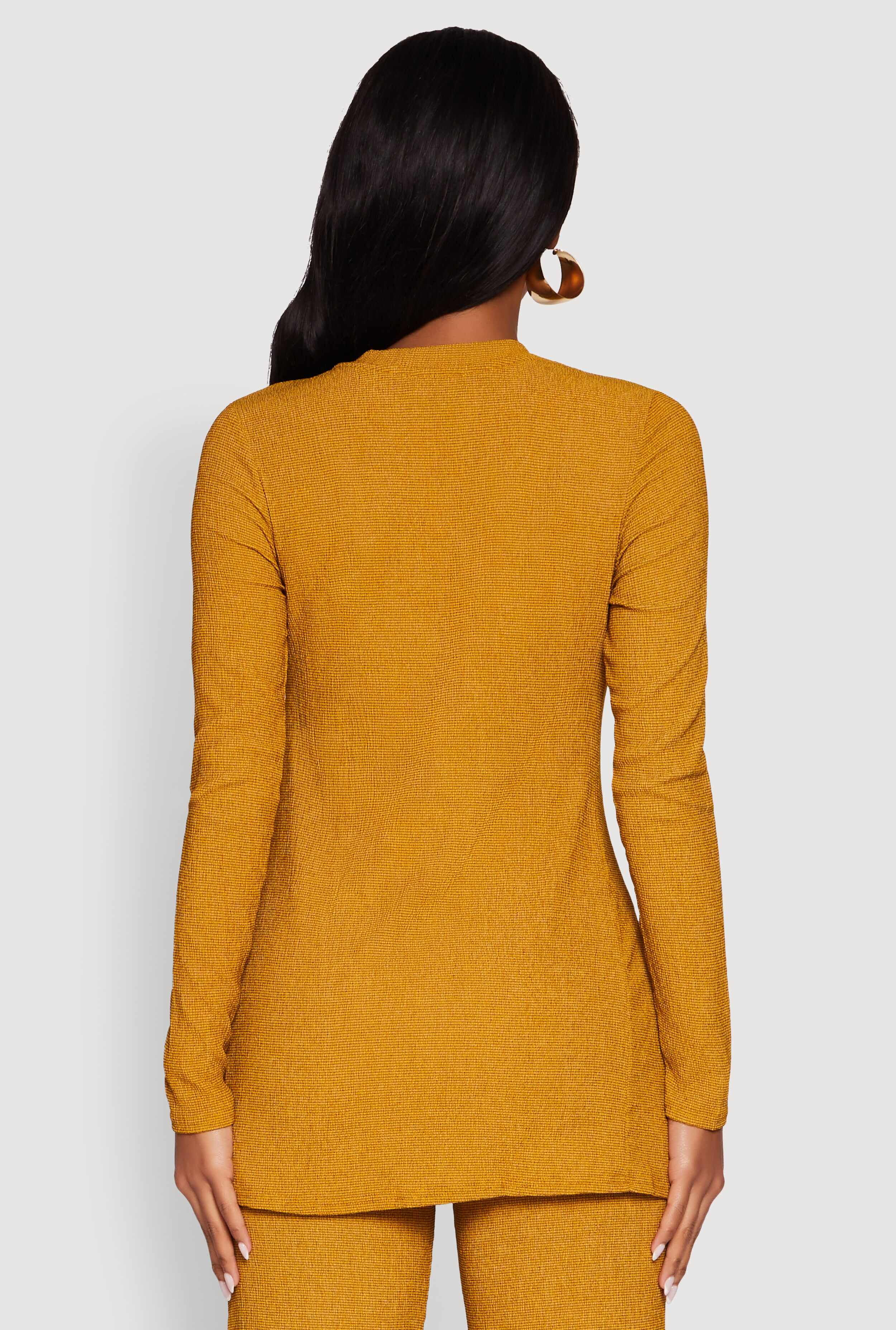 Seersucker Crew Neck Side Slit Long Sleeve Top