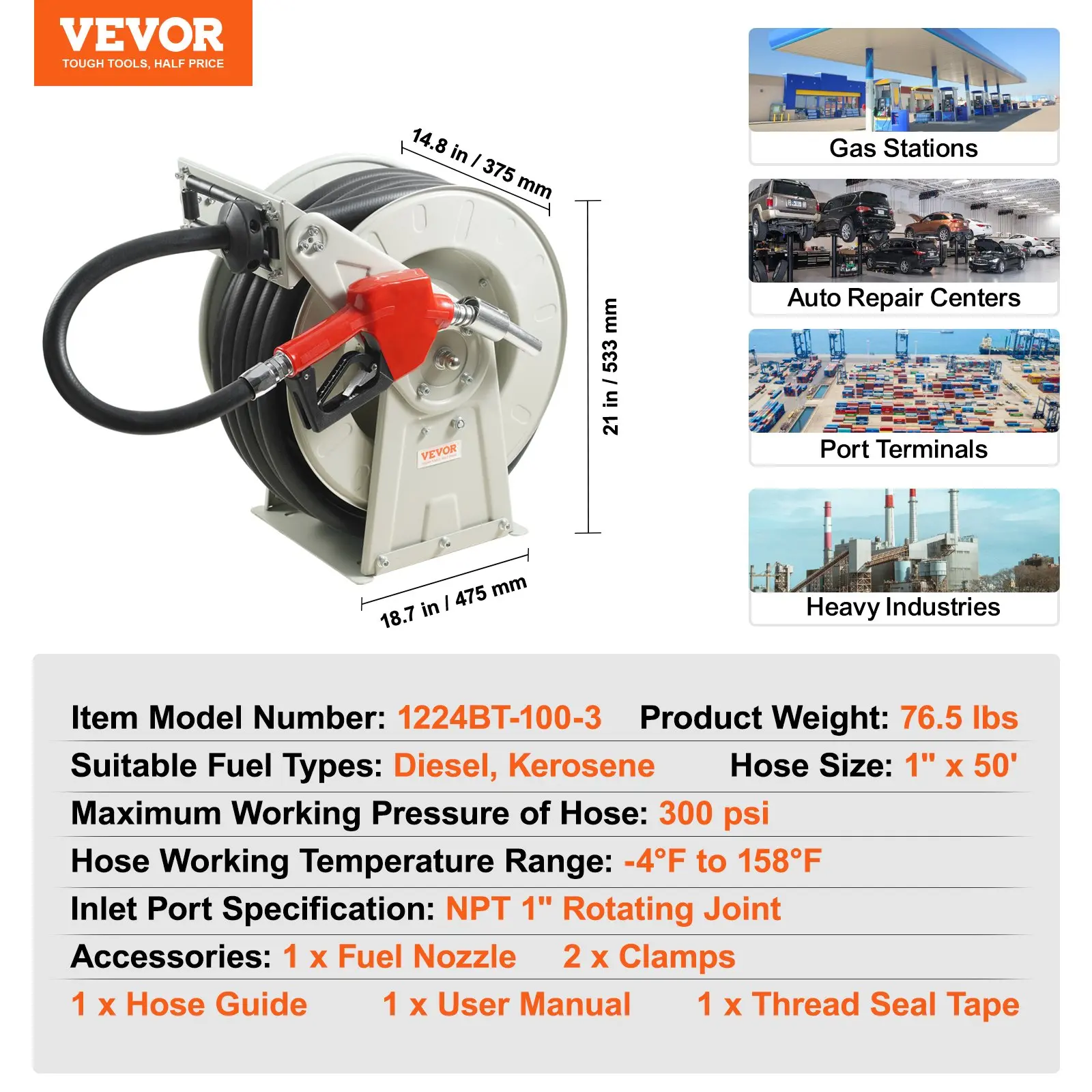 Fuel Hose Reel,Extra Long Retractable Diesel Hose Reel, Heavy-Duty Carbon Steel Construction with Automatic Fuel Nozzle, NBR Rubber Hose for Aircraft Ship Vehicle Tank Truck, 300PSI