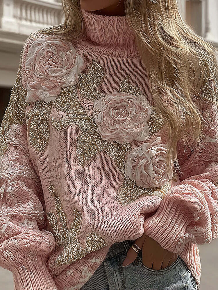 Women's Vintage Pink Rose Floral Art Cozy Knit Turtleneck Sweater