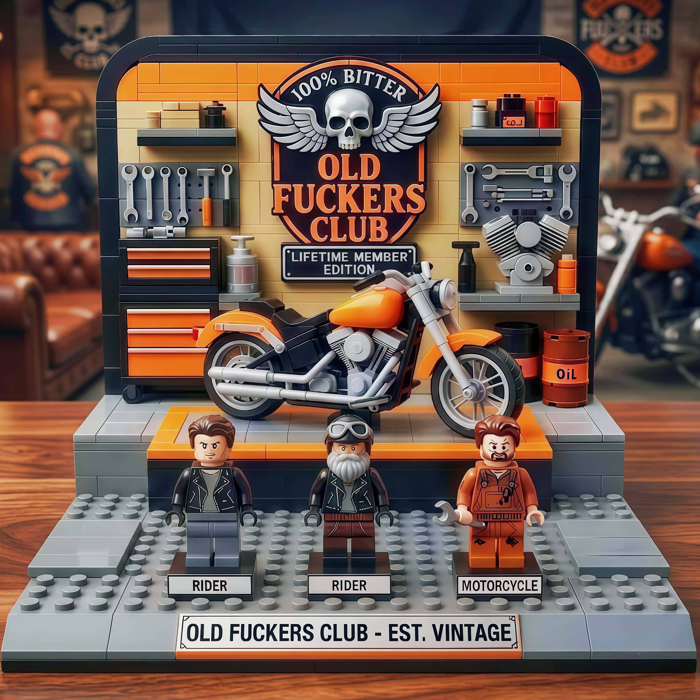 Old Fuckers Club Motorcycle Garage Building Block Set
