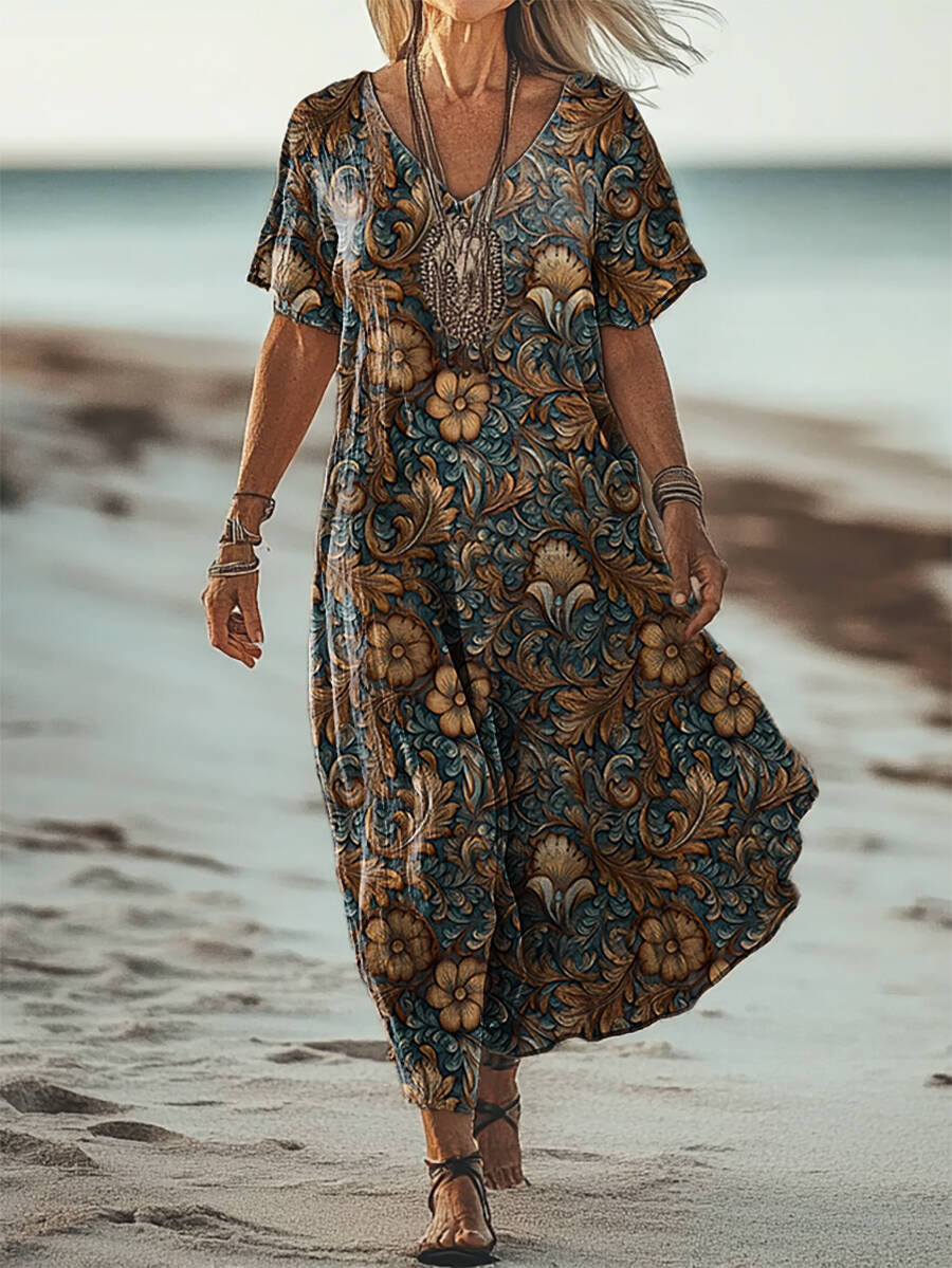 Women's Ethnic Floral Art Patterns Print Short Sleeve Pocket Cotton Linen Dress