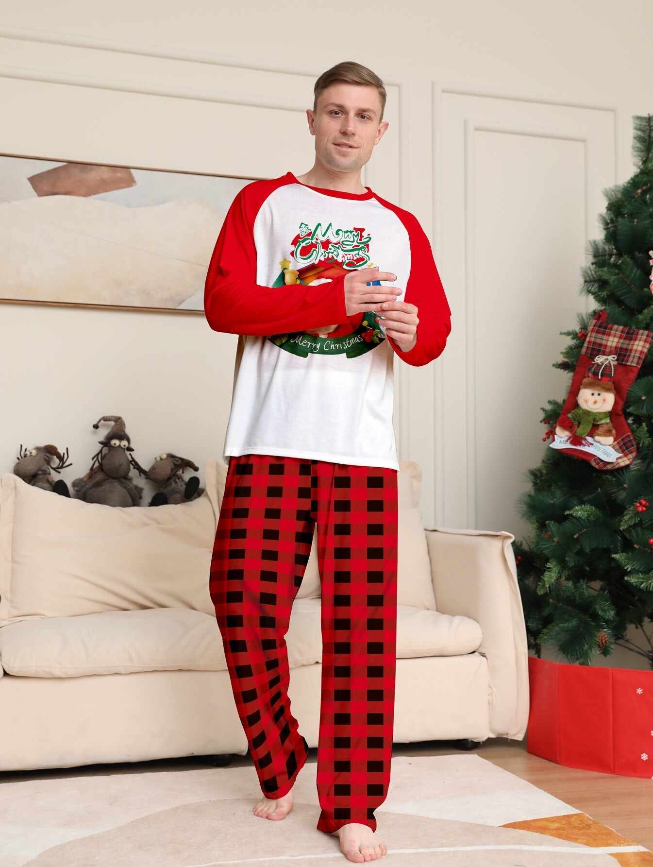 Santa Red Plaid Print Family Holiday Pajama Set