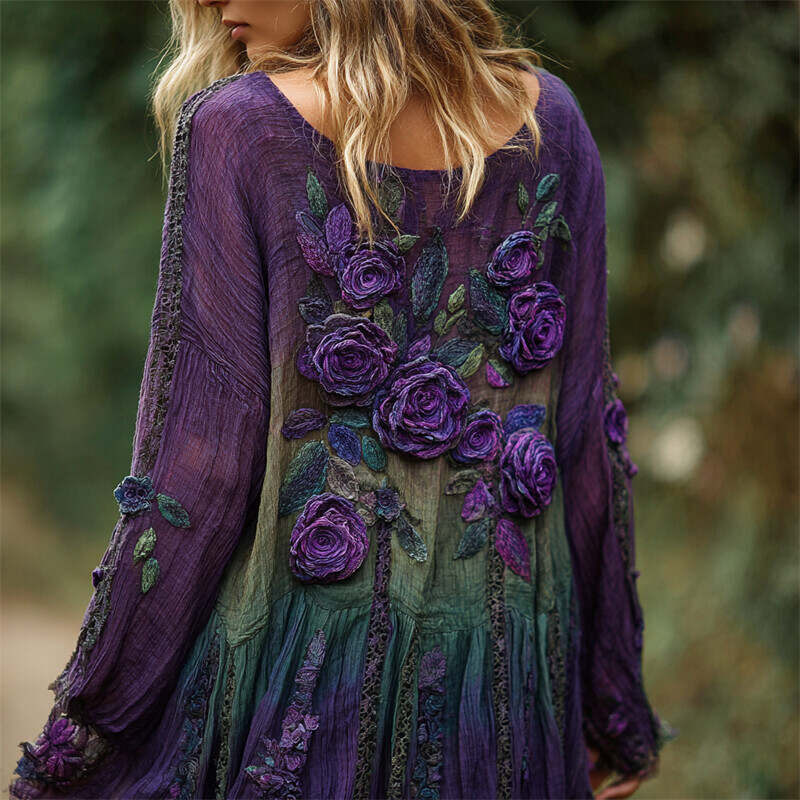 Vintage Purple Roses Lace Embroidered Forest Gradient Linen Tunic