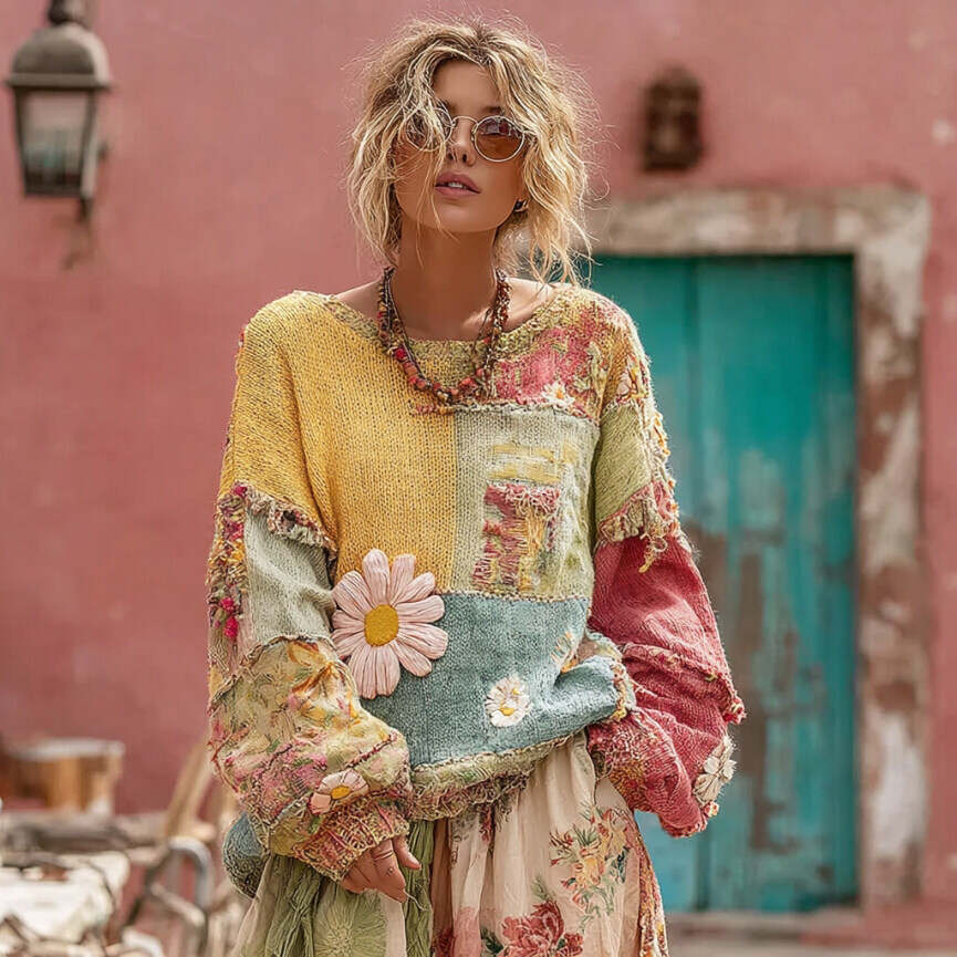 Flower Embroidery Macaroon Color Patchwork Art Cozy Sweater