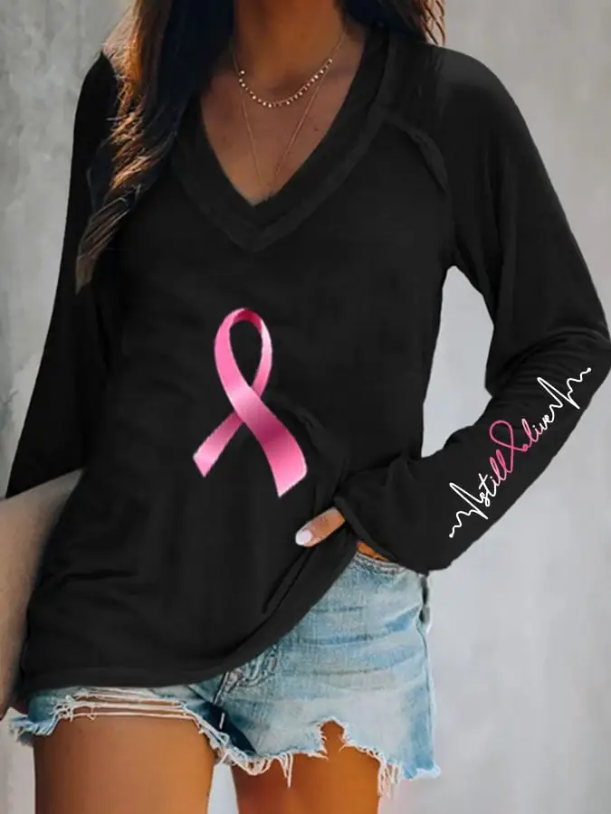 Breast Cancer V Neck Long Sleeve Casual T-Shirt