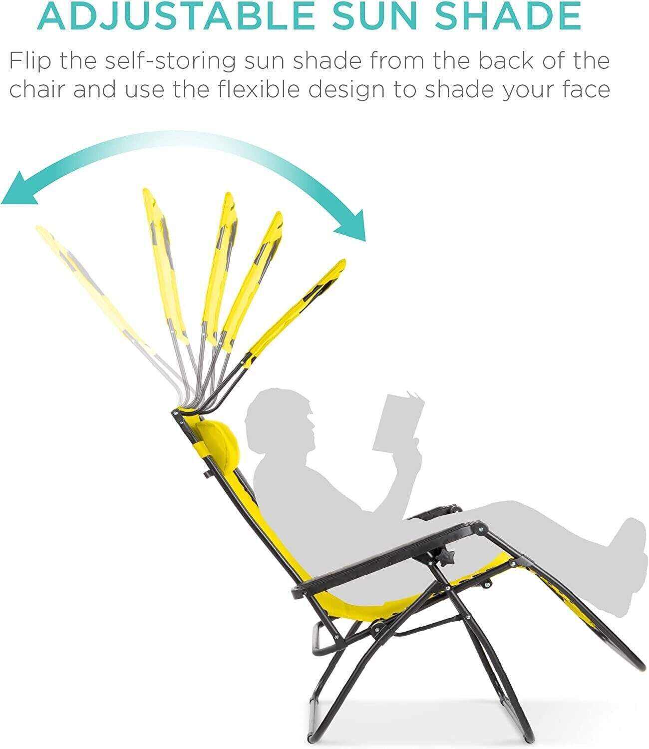 Folding Zero Gravity Recliner Patio Lounge Chair w/Adjustable Canopy Shade, Headrest, Side Accessory Tray, Textilene Mesh - Beige