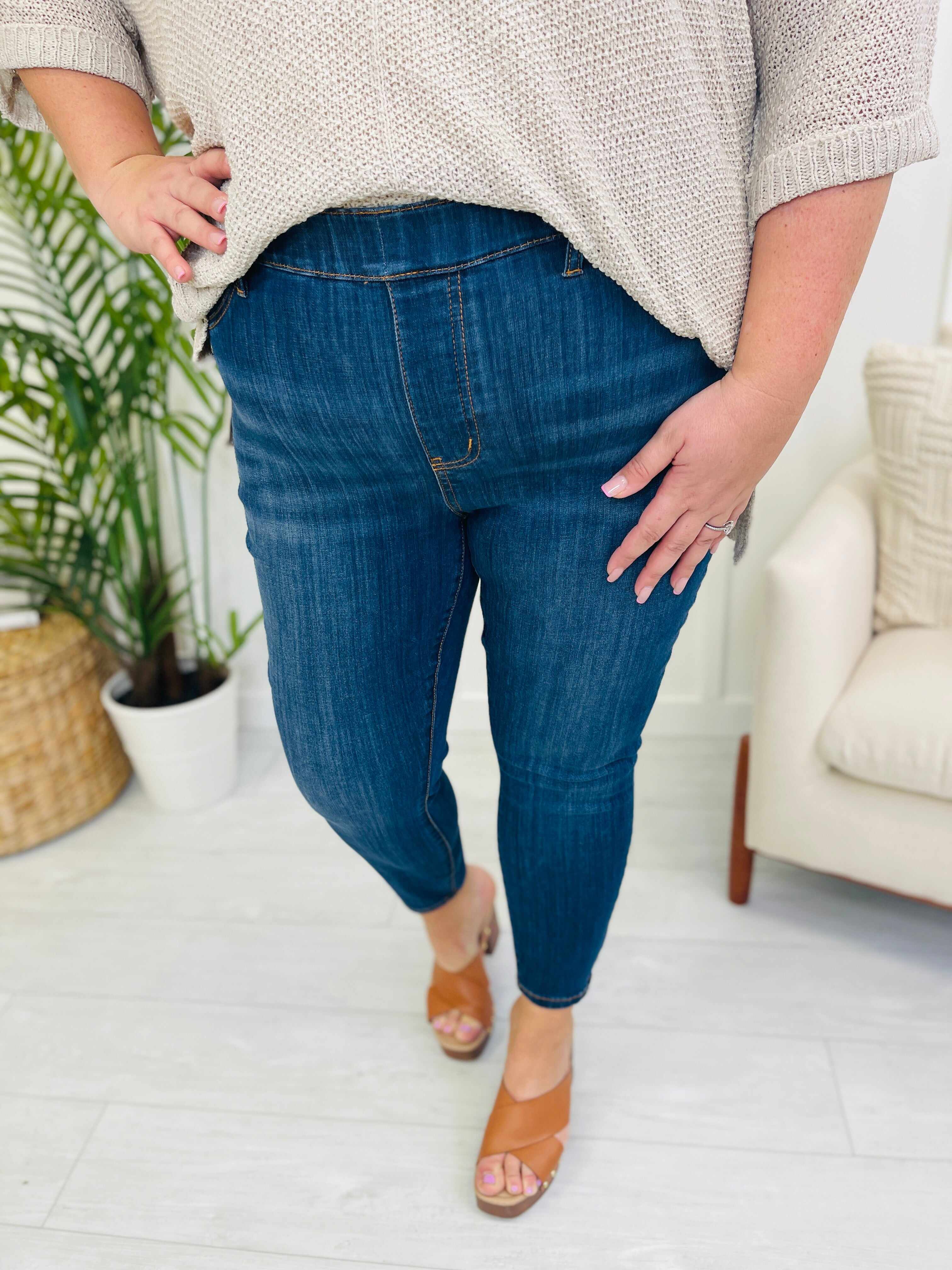 RESTOCK!  Plus/Reg Bend And Snap Non Distressed Pull On Skinny Jeans