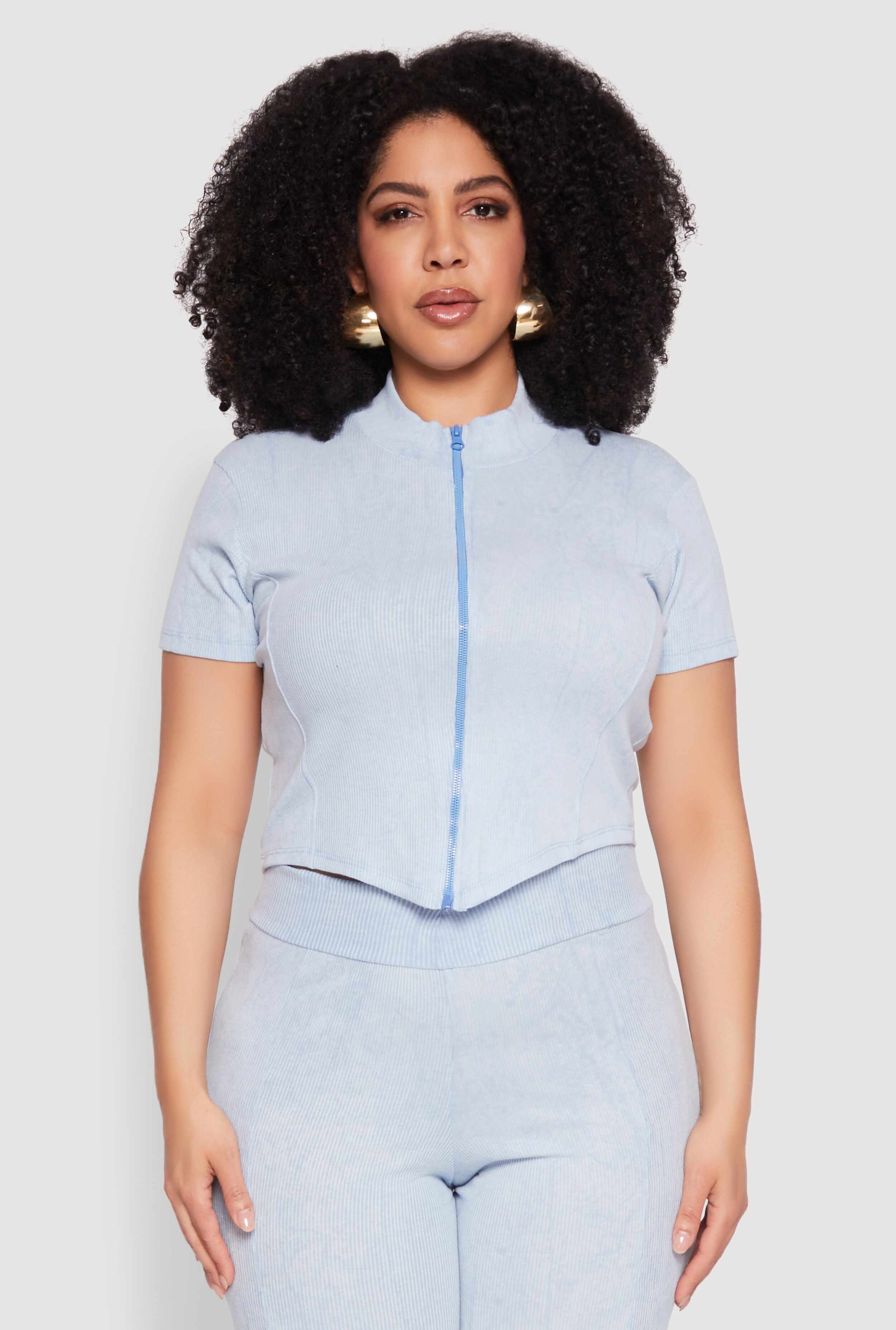 Plus Size Mineral Wash Zip Front Top