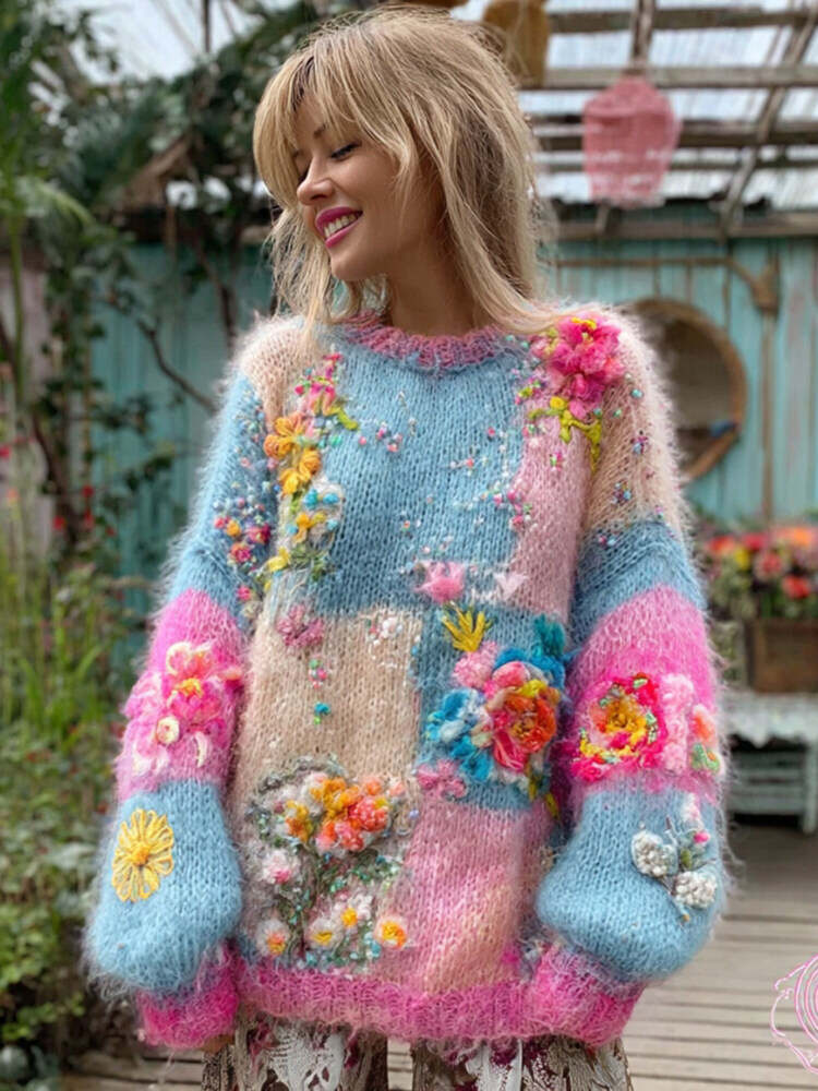 🎉Today's Deal✨Women's Floral Embroidery Patchwork Art Cozy Knit Sweater