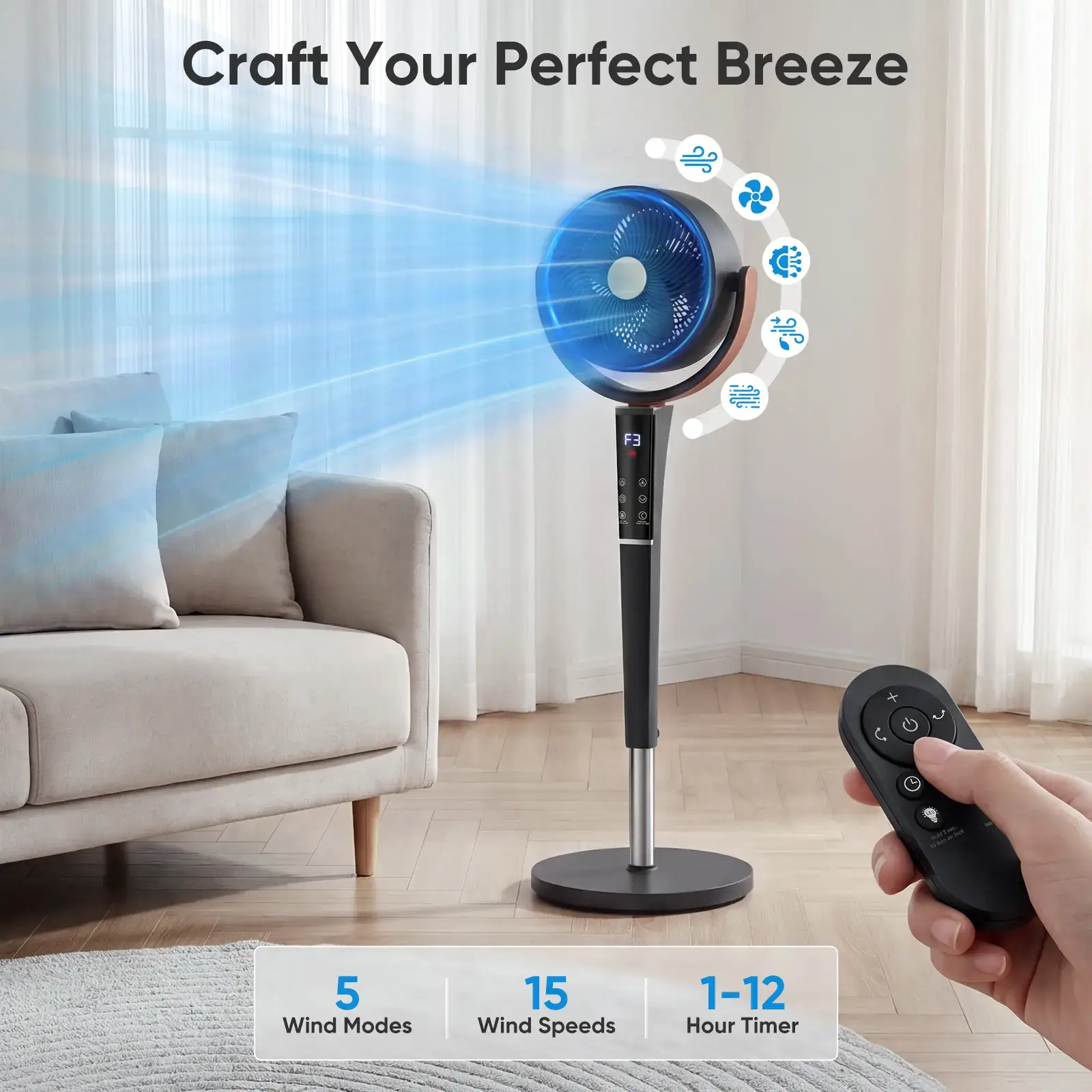 Standing Pedestal Fan Quiet 20dB DC Air Circulator 15 Speeds 5 Modes 120° Oscillation 12H Timer Adjustable Height with Remote & LED Light