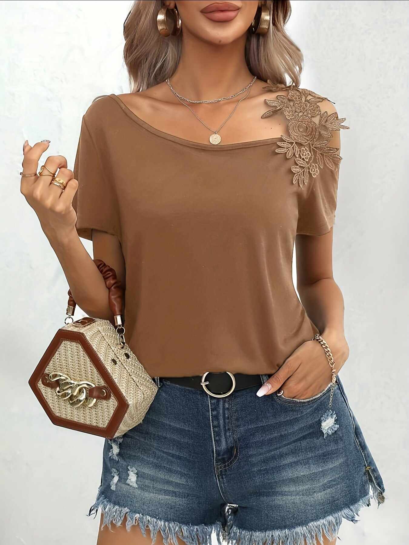 solid color stitching fashion lace T-shirt women's tops
