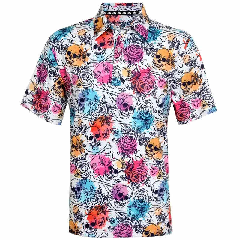 Skull & Roses Cool-Stretch Men's Golf Shirt (Multicolor)