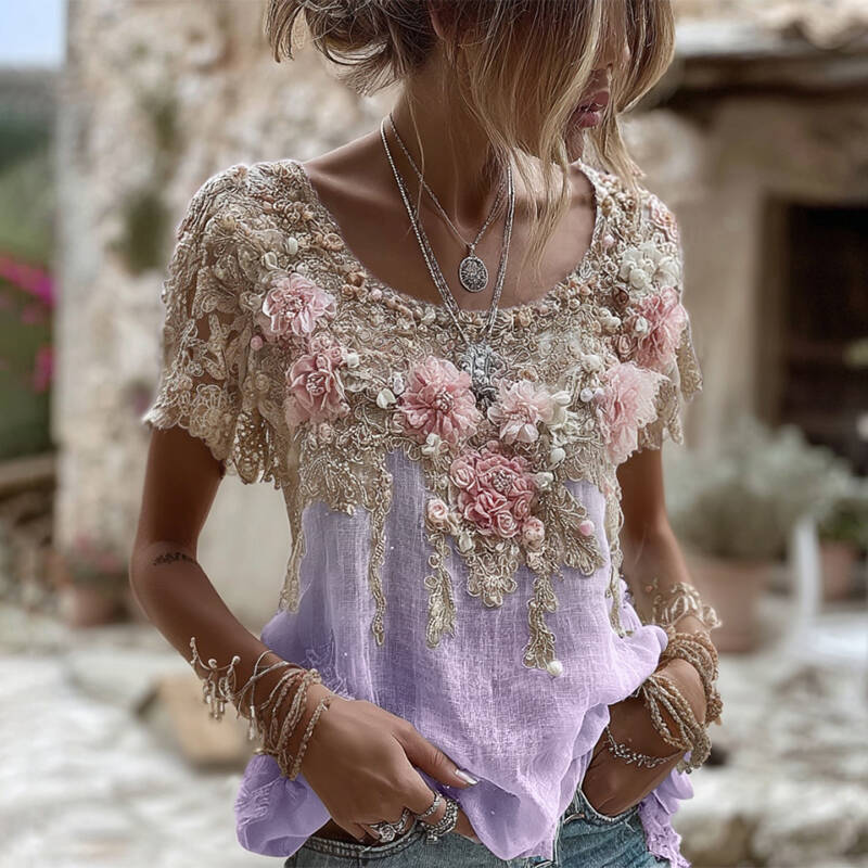 Women's Pink Rose Embroidery Art Round Neck Short Sleeve Linen Blend T-shirt