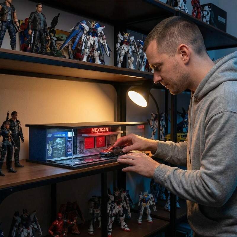 1:64 Scale Night City Street Diorama Display Case with LED Lighting – Premium Dust-Proof Showcase for Diecast Cars