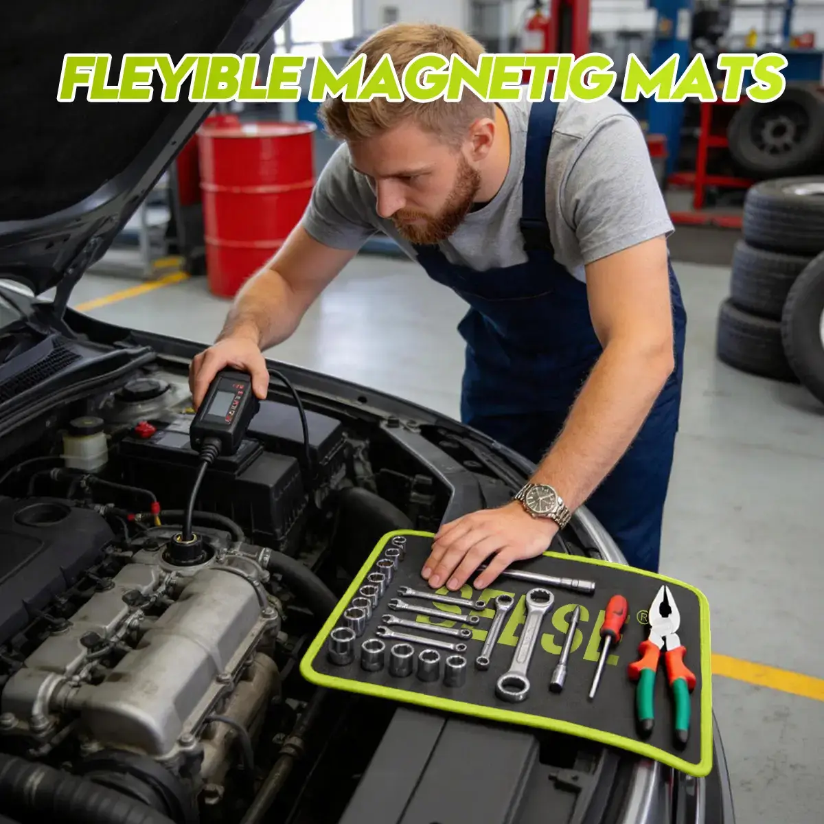 3PC Flexible Magnetic Tool Mat & Tray Holder - Magnetic Tool Tray, Flexible Magnetic Mat, PVC & Non-Slip for Garage Workshop, Auto Repair Tools