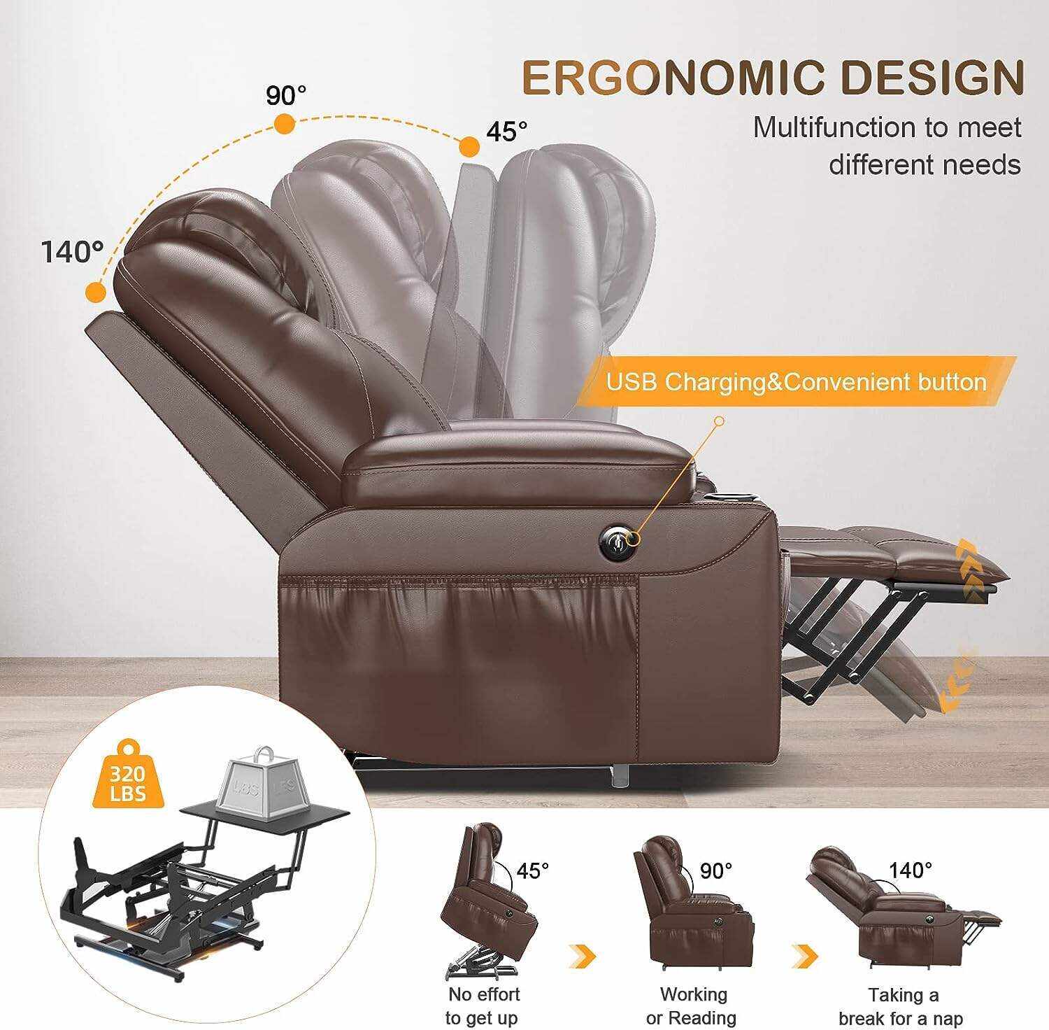 YONISEE Lar2ge Lift Chairs Recliner for Elderly - Power Fabric Lift Chair Modern with Massage and Heat, Extended Footrest, 3 Positions, 2 Side Pockets, and Cup Holders, USB Ports, Coffee Color