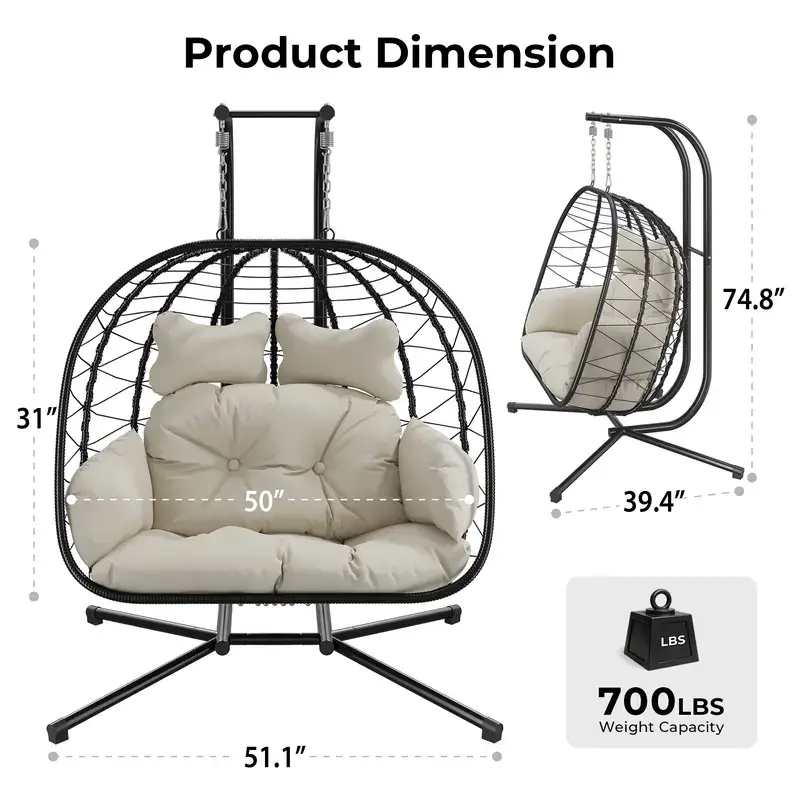 [dealsforyoudays] Double Egg Chair with Stand for Patio, Outdoor Indoor Hanging Swing Chair with Cushions, Wicker Rattan, 700lbs Capacity, Waterproof Sunproof for Balcony Garden Porch, ChristmasGift