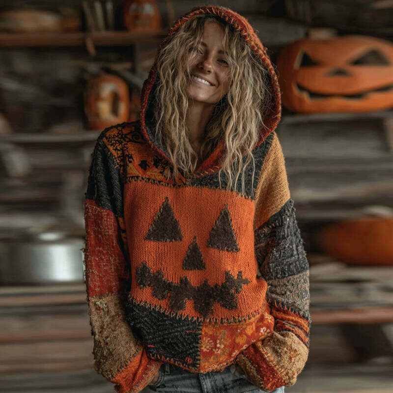 Halloween Pumpkin Face Patchwork Stitched Cozy Knit Hooded