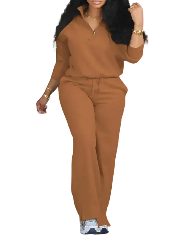 Women's Solid Half Placket Split Hem Pants Set