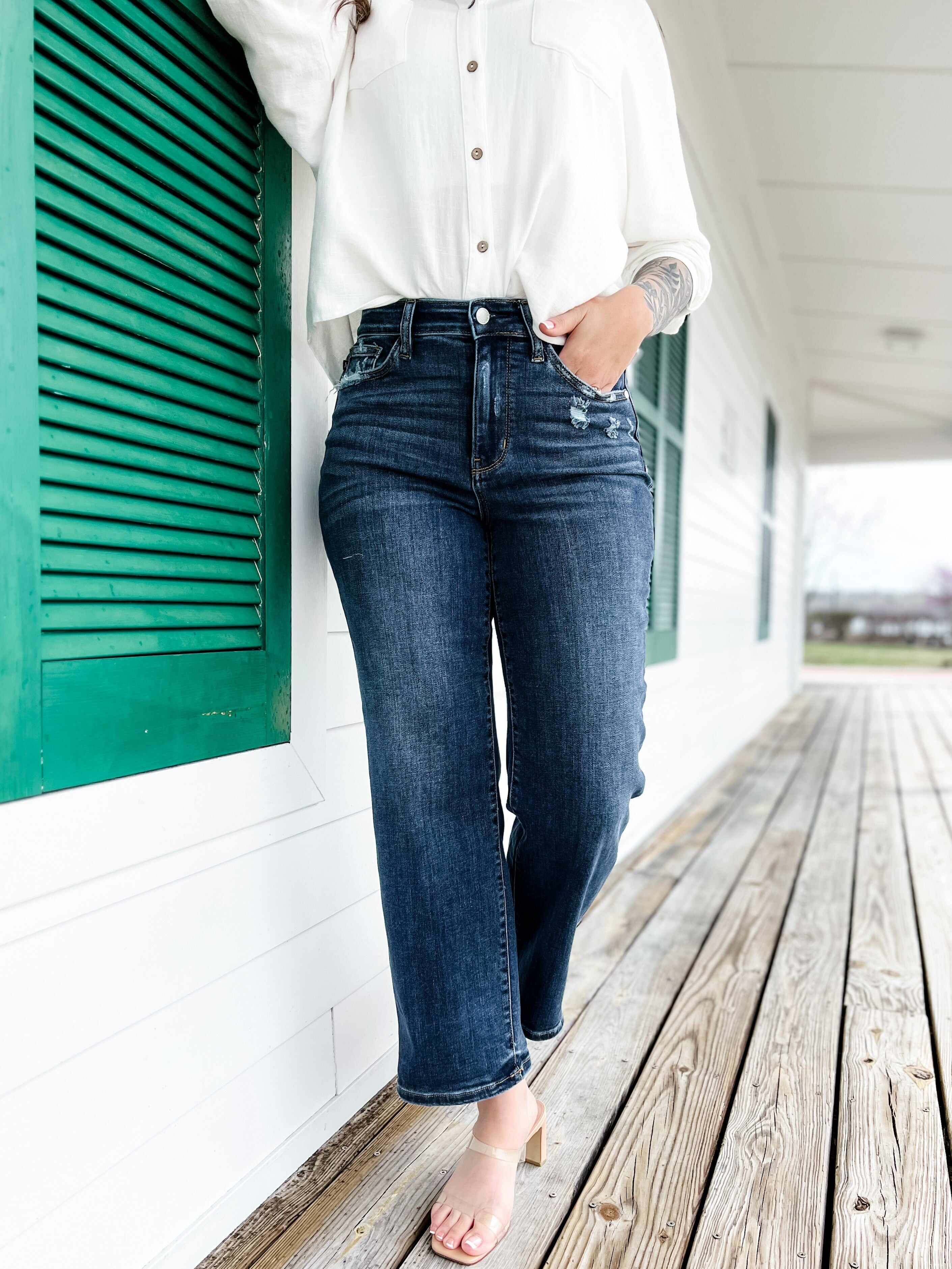 True Obsession Dark Wash Destroyed Pocket Wide Leg Jeans